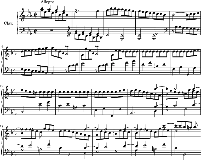 
\version "2.18.2"
\header {
  tagline = ##f
  % composer = "Domenico Scarlatti"
  % opus = "K. 370"
  % meter = "Allegro"
}

%% les petites notes
trillAesb      = { \tag #'print { aes2\prall } \tag #'midi { bes32 aes bes aes~ aes8~ aes4 } }

upper = \relative c'' {
  \clef treble 
  \key ees \major
  \time 2/2
  \tempo 2 = 80
  \set Staff.midiInstrument = #"harpsichord"
  \override TupletBracket.bracket-visibility = ##f

      s8*0^\markup{Allegro}
      << { bes'4 aes g f | g2. } \\ { g8 ees f d  ees bes d bes | ees2 } >> f4 | g8 bes bes aes aes g g f |
      % ms. 4
      f8 ees ees d d c c bes | bes2~ bes8 c c d | d ees ees f f g g  aes | aes f d bes \trillAesb |
      % ms. 8
      g8 g' ees bes \trillAesb | g8 ees' ees \repeat unfold 19 { d8 } ees f |
      % ms. 12
      ees8 d c b \repeat unfold 18 { c8 } d ees | d ees d c << { s4 f4~ | f4 f2 f4~ | f f4. g8 f ees } \\ { bes8 aes g f | g d' c bes a ees' d c | bes f' ees d c } >>
      % ms. 18
      d8 ees d c << { s4 f4~ | f4 f2 f4~ | f f2 c'4~ | c8 c bes a bes } \\ { bes,8 aes g f | g d' c bes a ees' d c | bes f' ees d c g' f ees | d2 } >>
      % ms. 20
      

}

lower = \relative c' {
  \clef bass
  \key ees \major
  \time 2/2
  \set Staff.midiInstrument = #"harpsichord"
  \override TupletBracket.bracket-visibility = ##f

    % ************************************** \appoggiatura a16  \repeat unfold 2 {  } \times 2/3 { }   \omit TupletNumber 
      R1 |   \clef treble  << { bes'4 aes g f } \\ { g8 ees f d ees bes d bes } >> ees2 < g, ees' >2 |
      % ms. 4
      < aes ees' >2 < aes ees' f >   \clef bass r8 bes8 bes aes aes g g  f | f ees ees d d c c bes | bes2 \repeat unfold 2 { r8 bes'8 c d |
      % ms. 9
      ees2 } f4 aes | d, f b, d | f, aes g, g' |
      % ms. 12
      c,2 ees'4 g | c, ees a, c | ees, g f, f' | bes,2. 
      % ms. 15 fin
      \repeat unfold 2 { << { bes'4~ | bes c2 d4~ | d ees2 f4 } \\ { d,4 | ees2 f | g a | bes4 bes,2 } >> }
      % ms. 20
      

}

thePianoStaff = \new PianoStaff <<
    \set PianoStaff.instrumentName = #"Clav."
    \new Staff = "upper" \upper
    \new Staff = "lower" \lower
  >>

\score {
  \keepWithTag #'print \thePianoStaff
  \layout {
      #(layout-set-staff-size 17)
    \context {
      \Score
     \override SpacingSpanner.common-shortest-duration = #(ly:make-moment 1/2)
      \remove "Metronome_mark_engraver"
    }
  }
}

\score {
  \keepWithTag #'midi \thePianoStaff
  \midi { }
}
