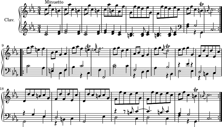 \version "2.18.2"
\header {
tagline = ##f
% composer = "Domenico Scarlatti"
% opus = "K. 40"
% meter = "Minuetto"
}
%% les petites notes
trillE = { \tag #'print { e4\trill } \tag #'midi { f32 e f e~ e8 } }
trillB = { \tag #'print { b4\trill } \tag #'midi { c32 b c b~ b8 } }
trillDb = { \tag #'print { d2\trill } \tag #'midi { ees32 d ees d~ d8~ d4 } }
AppoFbp = { \tag #'print { \appoggiatura e32 f2. } \tag #'midi { e4 f2 } }
AppoCbp = { \tag #'print { \appoggiatura b16 c2. } \tag #'midi { b2 c4 } }
upper = \relative c'' {
\clef treble
\key c \minor
\time 3/4
\tempo 4 = 84
\set Staff.midiInstrument = #"harpsichord"
\override TupletBracket.bracket-visibility = ##f
\repeat volta 2 {
s8*0^\markup{Minuetto}
c8 g' c,4 b | c8 aes' c,4 b | c8 g' c,4 b | c8 aes' b, g' aes, f' | g, f' ees d ees g, |
% ms. 6
f8 f' ees d ees c | d f c4 \trillB \AppoCbp }%reprise
% ms. 9
\repeat volta 2 { g'8 aes e4 f | bes,8 c g4 aes | g'8 aes f4 \trillE | \AppoFbp |
% ms. 13
f8 g d4 ees | aes,8 bes f4 g | f'8 g \appoggiatura ees16 \trillDb | ees8 f g4 g, | \repeat unfold 2 { f8 d' f, d' ees, c' | d, d' c b c g } |
% ms. 20
f8 f' ees d ees g, | f f' ees d ees c | d f c4 \trillB \AppoCbp }%reprise
}
lower = \relative c' {
\clef bass
\key c \minor
\time 3/4
\set Staff.midiInstrument = #"harpsichord"
\override TupletBracket.bracket-visibility = ##f
\repeat volta 2 {
% ************************************** \appoggiatura a8 \repeat unfold 2 { } \times 2/3 { } \omit TupletNumber
\clef treble < c ees >2 < d f >4 | < ees g >2 < d f >4 | < c ees >2 < d f >4 | < ees g >4 < d f > < c ees > | \repeat unfold 2 { < b d >4. q8 < c ees >4 } | \clef bass
% ms. 7
< f, aes > << { g2 } \\ { r4 g, } >> | c2. } %reprise
% ms. 9
\repeat volta 2 { c'2 aes4 | << { g2 f4 | s4 c'2 } \\ { e,4 c f | bes r4 c,4 } >> f4 f,2 |
% ms. 13
< bes' d >2 c4 | << { f,2 s4 | s4 bes2 | r4 ees4 r4 | d,2 c4 | r4 g'4 ees } \\ { r4 d4 ees | aes r4 bes, | ees2 ees4 r4 b4 c | g2 ees'4 } >>
% ms. 19
<< { d2 } \\ { r4 b4 c } >> g2 ees'4 | << { r4 r8 b'8 c4~ | c4. b8 c4 | aes4 g2 } \\ { d2 c4 | d2 c4 | f r4 g, } >> c2. }%reprise
}
thePianoStaff = \new PianoStaff <<
\set PianoStaff.instrumentName = #"Clav."
\new Staff = "upper" \upper
\new Staff = "lower" \lower
>>
\score {
\keepWithTag #'print \thePianoStaff
\layout {
#(layout-set-staff-size 17)
\context {
\Score
\override SpacingSpanner.common-shortest-duration = #(ly:make-moment 1/2)
\remove "Metronome_mark_engraver"
}
}
}
\score {
\unfoldRepeats
\keepWithTag #'midi \thePianoStaff
\midi { }
}