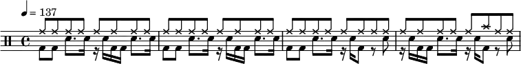 #(define drumStyle '(
(bassdrum default #f -3)
(snare default #f 1)
(ridecymbal cross #f 4)
(crashcymbal cross #f 6)))
\new DrumStaff \with {
drumStyleTable = #(alist->hash-table drumStyle)
} {
\time 4/4 \tempo 4 = 137
\drummode {
<<
{ \repeat unfold 29 { cymr8 } cymc cymr8 8 }
\\
{ \repeat unfold 2 { bd8 8 sn8. 16 r sn bd bd sn8. 16 }
bd8 8 sn8. 16 r sn bd8 r sn r16 sn bd bd sn8. 16 r sn bd8 r sn }
>>
}
}
\layout { #(layout-set-staff-size 14) }
\midi {}