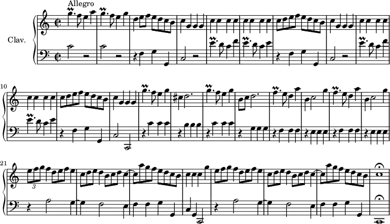 \version "2.18.2"
\header {
tagline = ##f
% composer = "Domenico Scarlatti"
% opus = "K. 329"
% meter = "Allegro"
}
%% les petites notes
trillGp = { \tag #'print { g4.\prall } \tag #'midi { a32 g a g~ g4 } }
trillGpUp = { \tag #'print { g'4.\prall } \tag #'midi { a32 g a g~ g4 } }
trillEp = { \tag #'print { e4.\prall } \tag #'midi { f32 e f e~ e4 } }
trillEpUp = { \tag #'print { e'4.\prall } \tag #'midi { f32 e f e~ e4 } }
trillFp = { \tag #'print { f4.\prall } \tag #'midi { g32 f g f~ f4 } }
upper = \relative c'' {
\clef treble
\key c \major
\time 2/2
\tempo 2 = 92
\set Staff.midiInstrument = #"harpsichord"
\override TupletBracket.bracket-visibility = ##f
s8*0^\markup{Allegro}
\trillGpUp f8 e4 a | \trillGp f8 e4 g | d4 e8 f e d c b | \repeat unfold 2 { c4 g g g | \repeat unfold 8 { c } |
% ms. 7
c8 d e f e d c b } | c4 g g g | \trillGpUp f8 e4 g | cis,4 d2. | \trillGp f8 e4 g |
% ms. 16
b,8 c d2. | \repeat unfold 2 { \trillFp e8 d4 a' | b, c2 g'4 } |
% ms. 21
\times 2/3 { e8 f g } f4 \omit TupletNumber \times 2/3 { d8 e f } e4 | \times 2/3 { c8 d e } d4 \times 2/3 { b8 c d } c4~ | c8 a' g f e d c b | c4 c \tempo 2 = 80 c \tempo 2 = 92 g'
% ms. 25
\times 2/3 { e8 f g } f4 \omit TupletNumber \times 2/3 { d8 e f } e4 | \times 2/3 { c8 d e } d4 \times 2/3 { b8 c d } c4~ | c8 a' g f e d c \tempo 2 = 80 b | c1\fermata
}
lower = \relative c' {
\clef bass
\key c \major
\time 2/2
\set Staff.midiInstrument = #"harpsichord"
\override TupletBracket.bracket-visibility = ##f
% ************************************** \appoggiatura a16 \repeat unfold 2 { } \times 2/3 { } \omit TupletNumber
c2 r2 | c2 r2 | \repeat unfold 2 { r4 f,4 g g, | c2 r2 | \trillEpUp d8 c4 f |
% ms. 3
\trillEp d8 c4 e } |
% ms. 11
r4 f,4 g g, | c2 c, | r4 \repeat unfold 3 { c''4 } | r4 \repeat unfold 3 { b4 } | r4 \repeat unfold 3 { c4 } |
% ms. 16
r4 \repeat unfold 3 { g4 } | \repeat unfold 2 { r4 \repeat unfold 3 { f4 } | r4 \repeat unfold 3 { e4 } } |
% ms. 21
r4 a2 g4~ | g f2 e4 | f f g g, | c g c,2 |
% ms. 25
r4 a''2 g4~ | g f2 e4 | f f g g, | c,1\fermata
}
thePianoStaff = \new PianoStaff <<
\set PianoStaff.instrumentName = #"Clav."
\new Staff = "upper" \upper
\new Staff = "lower" \lower
>>
\score {
\keepWithTag #'print \thePianoStaff
\layout {
#(layout-set-staff-size 17)
\context {
\Score
\override SpacingSpanner.common-shortest-duration = #(ly:make-moment 1/2)
\remove "Metronome_mark_engraver"
}
}
}
\score {
\keepWithTag #'midi \thePianoStaff
\midi { }
}