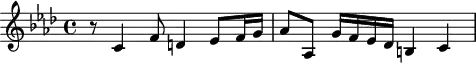 \header {
tagline = ##f
}
\score {
\new Staff \with {
}
<<
\relative c' {
\clef treble
\key aes \major
\time 4/4
\tempo 4 = 70
\override TupletBracket #'bracket-visibility = ##f
%\autoBeamOff
\set Staff.midiInstrument = #"string ensemble 1"
%%%%%%%%%%%%%%%%%%%%%%%%%% AB 9-3 th2
r8 c4 f8 d!4 ees8 f16 g aes8 aes, g'16 f ees des b!4 c
}
>>
\layout {
\context { \Score \remove "Metronome_mark_engraver"
}
}
\midi {}
}