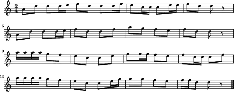 
\new Staff {
  \relative c'' {
    \time 2/4
    a8 d d d16 e
    f8 d d d16 f
    e8 c16 c c8 e16 e
    f8 d d r \break
    a8 d d d16 e
    f8 d d f
    a g f  e
    f d d r \break
    a'16 a a a g8 f
    e c c e
    g g16 g f8 e
    f d16 d d8 f \break
    a16 a a a g8 f
    e c c e16 g
    g8 g f e
    f16 f d8 d r \bar "|."
  }
}
