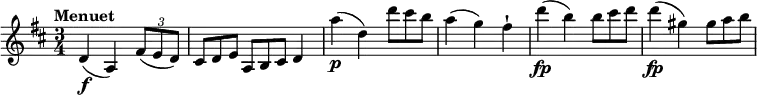 
\relative c'' {
  \version "2.18.2"
  \key d \major
  \time 3/4
  \tempo "Menuet"
  \tempo 4 = 100
  d,4 \f (a)  \tuplet 3/2 { fis'8 (e d) } \scaleDurations 2/3 { cis8 d e }  \scaleDurations 2/3 {a,8 b cis} d4
  a''4\p (d,)  \scaleDurations 2/3 { d'8 cis b }
  a4 (g) fis-!
  d'4\fp (b) \scaleDurations 2/3 { b8 cis d }
  d4\fp (gis,) \scaleDurations 2/3 { gis8 a b }
}
