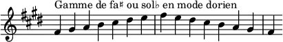  {
\override Score.TimeSignature #'stencil = ##f
\relative c' {
  \key fis \dorian
 \clef treble \time 7/4
  fis4^\markup { Gamme de fa♯ ou sol♭ en mode dorien } gis a b cis dis e fis e dis cis b a gis fis
} }
