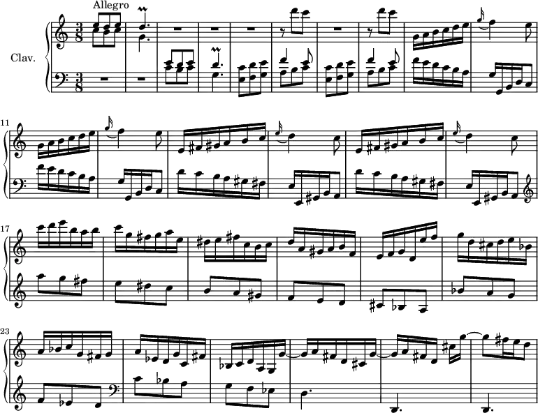 
\version "2.18.2"
\header {
  tagline = ##f
}

%% les petites notes
trillD = { \tag #'print { d4.\prall } \tag #'midi { e32 d e d e d~ d8. } }

upper = \relative c'' {
  \clef treble 
  \key c \major
  \time 3/8
  \tempo 4. = 82
  \set Staff.midiInstrument = #"harpsichord"

   << { e8^\markup{Allegro} d e | \trillD } \\ { c b c | g4. } >> | R4.*2 | \repeat unfold 2 { R4. | r8 d''8 c }
   % ms. 9
   \repeat unfold 2 { g,16 a b  c d e | \appoggiatura g16 f4 e8 } | \repeat unfold 2 { e,16 fis gis a b c |
   % ms. 14
    \appoggiatura e16 d4 c8 } | c'16 d e  b a b | c g fis  g a e | 
   % ms. 19
   dis16 e fis  c b c | d a gis  a b f | e f g  d e' f | g d cis  d e bes | a bes c  g fis g | 
   % ms. 24
   a16 ees d g c, fis | bes, c d  a g g'~ | g a fis  d cis g'~ | g a fis  d cis'[ g'~] | g8 fis16 e d8 |
   % ms. 29

}

lower = \relative c' {
  \clef bass
  \key c \major
  \time 3/8
  \set Staff.midiInstrument = #"harpsichord"

    % **************************************
      R4.*2 | << { e8 d e | \trillD } \\ { c b c | g4. } >> \repeat unfold 2 { < e c' >8 < f d' > < g e' > | << { f'4 e8 } \\ { a,8 b c } >> }
      % ms. 9
      \repeat unfold 2 { f16 e d c b a | g g, b d c8 } | \repeat unfold 2 { d'16 c b a gis fis | e e, gis b a8 } |   \clef treble a'''8 g fis e dis c | 
      % ms. 19
      b8 a gis | f e d | cis bes a | bes' a g f ees d | 
      % ms. 24
        \clef bass c8 bes a g f ees  | d4. | d, | d | 

}

thePianoStaff = \new PianoStaff <<
    \set PianoStaff.instrumentName = #"Clav."
    \new Staff = "upper" \upper
    \new Staff = "lower" \lower
  >>

\score {
  \keepWithTag #'print \thePianoStaff
  \layout {
      #(layout-set-staff-size 17)
    \context {
      \Score
     \override SpacingSpanner.common-shortest-duration = #(ly:make-moment 1/2)
      \remove "Metronome_mark_engraver"
    }
  }
}

\score {
  \keepWithTag #'midi \thePianoStaff
  \midi { }
}
