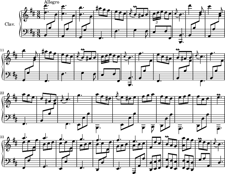 
\version "2.18.2"
\header {
  tagline = ##f
  % composer = "Domenico Scarlatti"
  % opus = "K. 409"
  % meter = "Allegro"
}

%% les petites notes
trillBq       = { \tag #'print { b8\prall } \tag #'midi { cis32 b cis b } }
appoCisB      = { \tag #'print { \appoggiatura cis8 b4. } \tag #'midi { cis4   \tempo 4. = 40 b8   \tempo 4. = 92 } }
appoCisD      = { \tag #'print { \appoggiatura cis8 b4. } \tag #'midi { cis4   \tempo 4. = 40 d8   \tempo 4. = 92 } }
trillEp       = { \tag #'print { e4.\prall } \tag #'midi { fis32 e fis e~ e4 } }
trillEq       = { \tag #'print { e8\prall } \tag #'midi { fis32 e fis e } }

upper = \relative c'' {
  \clef treble 
  \key b \minor
  \time 3/8
  \tempo 4. = 92
  \set Staff.midiInstrument = #"harpsichord"
  \override TupletBracket.bracket-visibility = ##f

      s8*0^\markup{Allegro}
      < d d' >4. | < cis cis' > | < b b' > | ais'8 g fis | e d cis | \acciaccatura cis8 \trillBq ais8 b | \times 2/3 { cis16 d e } d8[ cis] |
      % ms. 8
      \appoCisB | d'4 \stemUp d,8 |  \stemNeutral cis'4 \stemUp cis,8 |  \stemNeutral b'4 \stemUp b,8 |  \stemNeutral ais'8 g fis | e d cis | \acciaccatura cis8 \trillBq ais8 b | \omit TupletNumber \times 2/3 { cis16 d e } d8[ cis] |
      % ms. 16
      \appoCisB | fis'4. | e8 cis ais | \trillBq ais b | \appoggiatura d8 cis4. | fis4. | a8 g e | \stemUp d ais b | \stemNeutral
      % ms. 24
      \appoggiatura b16 \stemUp cis4. | \stemNeutral g'4. | a8 fis dis | \acciaccatura fis8 e8 dis e | fis g a | fis e d | e fis g | fis cis d |
      % ms. 32
      \trillEp | << { a4. a g g fis fis e } \\ { d8 e fis | b, cis d | cis d e | a, b cis | b cis d | g, a b | a b cis } >>
      % ms. 40
      fis,8 d' cis | \trillBq a8 g | < a a' > g' fis | \trillEq d8 cis | \appoCisD |

}

lower = \relative c' {
  \clef bass
  \key b \minor
  \time 3/8
  \set Staff.midiInstrument = #"harpsichord"
  \override TupletBracket.bracket-visibility = ##f

    % ************************************** 
      \repeat unfold 2 { \stemUp b,8 b' \stemDown \change Staff = "upper"  b' | \stemUp  \change Staff = "lower" a,, a' \stemDown \change Staff = "upper" a' | \stemUp  \change Staff = "lower" g,, g' \stemDown \change Staff = "upper"  g' | \stemNeutral  \change Staff = "lower" fis,,4. | fis' | g4 fis8 | e fis fis, | 
      % ms. 16
      < b, b' >4. } | \repeat unfold 4 { \stemUp b'8 b' \stemDown \change Staff = "upper" fis' | \stemNeutral  \change Staff = "lower" fis,,4. } | 
      % ms. 25
      e8 e' b' | b,,4. | e8 e' b' | b,,4 cis8 | \repeat unfold 2 { d d' a' | a,,4. } |
      % ms. 33
      \stemUp fis'8 fis' \stemDown \change Staff = "upper"  fis' | \stemNeutral  \change Staff = "lower" g,,4. | 
      \stemUp e8 e' \stemDown \change Staff = "upper"  e' | \stemNeutral  \change Staff = "lower" fis,,4. |
      \stemUp d8 d' \stemDown \change Staff = "upper"  d' | \stemNeutral  \change Staff = "lower" e,,4. |
      \stemUp a,8 a' a' |
      % ms. 40
      < d,, d' >8 < e e' > < fis fis' > | < g g' > < fis fis' > < e e' > | < fis fis' > < e e' > < d d' > | g' a a, | d4. 

}

thePianoStaff = \new PianoStaff <<
    \set PianoStaff.instrumentName = #"Clav."
    \new Staff = "upper" \upper
    \new Staff = "lower" \lower
  >>

\score {
  \keepWithTag #'print \thePianoStaff
  \layout {
      #(layout-set-staff-size 17)
    \context {
      \Score
     \override SpacingSpanner.common-shortest-duration = #(ly:make-moment 1/2)
      \remove "Metronome_mark_engraver"
    }
  }
}

\score {
  \keepWithTag #'midi \thePianoStaff
  \midi { }
}
