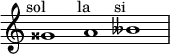 \relative c'' {
\time 3/1
\override Staff.TimeSignature #'stencil = ##f
gisis1^\markup { \center-align "sol 𝄪" }
a^\markup { \center-align "la" }
beses^\markup { \center-align "si 𝄫" }
}