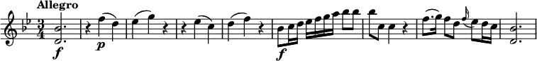 
\relative c' {
  \version "2.18.2"
  \tempo "Allegro"
  \key bes \major
  \time 3/4
  <d bes'>2.\f |
  r4 f'(\p d) |
  es4( g) r |
  r4 es( c) |
  d4( f) r |
  bes,8\f c16 d es f g a bes8 bes |
  bes8 c, c4 r |
  f8.( g16) f8 d \appoggiatura f16 es8 d16 c
  <d, bes'>2.
}
