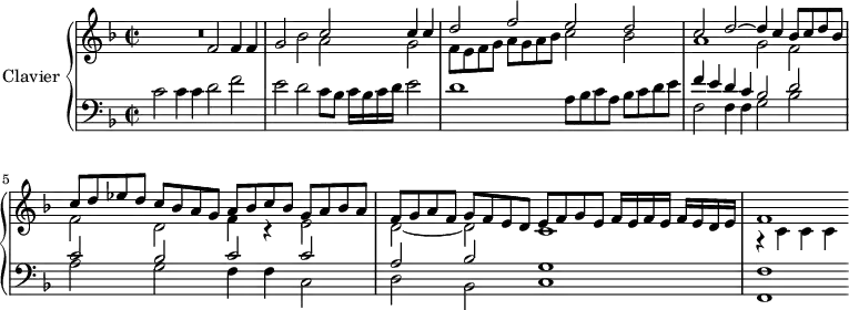 \version "2.18.2"
\header {
tagline = ##f
}
upper = \relative c' {
\clef treble
\key f \major
\time 4/2
\set Staff.timeSignatureFraction = 2/2
\tempo 2 = 80
\tempo "Andante mosso"
\set Staff.midiInstrument = #"church organ"
%%% Canzona ariosa
R1 f2 f4 f g2 bes
<< { c2 c4 c d2 f e d c d~ d4 c bes8 c d bes c d ees d c bes a g | a bes c bes g a bes a | f g a f g f e d | e f g e f16 e f e f e d e | f1 } \\ { a2 g f8 e f g a g a bes c2 bes a1 g2 f f d f4 r4 e2 d~ d c1 r4 c4 c c } >>
}
lower = \relative c' {
\clef bass
\key f \major
\time 4/2
\set Staff.timeSignatureFraction = 2/2
\set Staff.midiInstrument = #"church organ"
c2 c4 c d2 f e d c8 bes c16 bes c d e2 d1
a8 bes c a bes c d e
<< { f4 e d c bes2 d c bes c c a bes g1 f1 } \\ { f2 f4 f g2 bes a g f4 f c2 d bes c1 f,1~ } >>
}
\score {
\new PianoStaff <<
\set PianoStaff.instrumentName = #"Clavier"
\new Staff = "upper" \upper
\new Staff = "lower" \lower
>>
\layout {
\context {
\Score
\remove "Metronome_mark_engraver"
\override SpacingSpanner.common-shortest-duration = #(ly:make-moment 1/2)
}
}
\midi { }
}