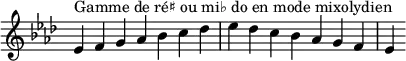  {
\override Score.TimeSignature #'stencil = ##f
\relative c' {
  \key es \mixolydian
  \clef treble \time 7/4
  es4^\markup { Gamme de ré♯ ou mi♭ do en mode mixolydien } f g aes bes c des es des c bes aes g f es
} }
