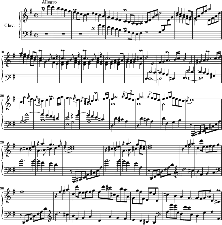 
\version "2.18.2"
\header {
  tagline = ##f
  % composer = "Domenico Scarlatti"
  % opus = "K. 522"
  % meter = "Allegro"
}

%% les petites notes
trillgbUp     = { \tag #'print { g'2\prall } \tag #'midi { a32 g a g~ g4. } }
trillE        = { \tag #'print { e4\prall } \tag #'midi { fis32 e fis e~ e8 } }
trillC        = { \tag #'print { c4\prall } \tag #'midi { d32 c d c~ c8 } }
trillA        = { \tag #'print { a4\prall } \tag #'midi { b32 a b a~ a8 } }
trillCp       = { \tag #'print { c4.\prall } \tag #'midi { d32 c d c~ c4 } }
trillAp       = { \tag #'print { a4.\prall } \tag #'midi { b32 a b a~ a4 } }
trillBp       = { \tag #'print { b4.\prall } \tag #'midi { c32 b c b~ b4 } }
trillCis      = { \tag #'print { cis4\prall } \tag #'midi { d32 cis d cis~ cis8 } }
trillEp       = { \tag #'print { e4.\prall } \tag #'midi { fis32 e fis e~ e4 } }
trillFisp     = { \tag #'print { fis4.\prall } \tag #'midi { g32 fis g fis~ fis4 } }

upper = \relative c'' {
  \clef treble 
  \key g \major
  \time 2/2
  \tempo 2 = 72

      s8*0^\markup{Allegro}
      \trillgbUp d'4 c b a g fis | \trillE d8 c b4 c | d c b a | g fis e d |
      % ms. 6
      \trillC b8 a g4 a | b8 d g b d2 |	\stemUp d4 c b a8 g | fis a d fis a2 | a4 g fis e8 d |
      % ms. 11
      \repeat unfold 3 { \trillCp b8 c4 r4 } | c2. b8 a | b4 a b \trillCis |
      % ms. 16
      d2 e, | fis4 g \trillAp b16 c | b2 fis | gis4 a \trillBp c16 d \stemNeutral | c4 a'2 \appoggiatura g8 fis4 |
      % ms. 21
      \acciaccatura e8 dis4 e \trillFisp g16 a | g4 g2 \acciaccatura fis8 e4 | 
      << { \acciaccatura d8 \stemUp cis4 d \trillEp fis16 g | \repeat unfold 2 { fis4 a2 \acciaccatura a8 \times 2/3 { g8 fis e } \omit TupletNumber } } 
       \\ { a,1 a a } >>
      % ms. 26
      << { fis'4 g8 a } \\ { a,2 } >> g'8 fis e d | \appoggiatura d8 e1 | r4 
      << { cis4 d e r4 a4 g4. fis8 } 
       \\ { s4 b,2 | a4. b8 cis4 d } >>
      % ms. 30
      \appoggiatura < d fis >8 < cis e >1 |
      r4 << { cis4 d e r4 a4. g8 fis e } 
       \\ { s4 b2 | a4. b8 cis4 d8 cis } >> | < d fis >1
      % ms. 34
      r4 << { fis4 g a } \\ { s4 e2 } >> | d4 d'8 e, e fis fis g | fis1 | r4 << { fis4 g a } \\ { s4 e2 } >> | d4 d'8 e, e fis fis g |
      % ms. 39
      fis8 d' cis cis, b b' a a, | g g' fis fis, e e' d d, | cis'4 b a g~ | g8 fis g8. a16 d,4 \trillCis 

}

lower = \relative c' {
  \clef bass
  \key g \major
  \time 2/2

    % ************************************** \appoggiatura a16  \repeat unfold 2 {  } \times 2/3 { }   \omit TupletNumber 
      R1*3 | d2 g4 fis | e d c b |
      % ms. 6
      \trillA g8 fis e4 fis | g2 g8 b \stemDown \change Staff = "upper"  d g |  b4 a g fis8 e | d2 d8 fis a d | fis4 e d c8 b |
      % ms. 11
      a4 g fis e | \repeat unfold 2 { < d fis > < e g > < fis a > < e g > } | < d fis > < e g > < fis a > < d fis > | g fis g e \stemNeutral \change Staff = "lower" |
      % ms. 16
      << { d,4 d'2 c4 ~ | c b a dis, | e4 e'2 d4~ | d c b gis | a2 a'2~ | a4 g fis dis } 
       \\ { d,1~ | d2 s2 | e1~ | e | a1 | b } >>
      % ms. 22
      << { e2 r4 g4~ | g fis e cis } \\ { e,2 g | a1 } >> | \repeat unfold 2 { d,4 d' cis a } 
      % ms. 26
      d4 fis, g b | r8 a,,8 cis e a cis e a | a'2. g4~ | g fis e d  |
      % ms. 30
      r8 a,,8 cis e a cis e a | a'2. g4~ | g fis e a, | \repeat unfold 2 {   \clef bass r8 d,,8 fis a d fis a d   \clef treble  | 
      % ms. 34
      d'2. cis4 | b fis g a } | 
      % ms. 39
      d,4 a' g fis | e d cis b     \clef bass  | a8 a' g g, fis fis' e e, | d4 g a a, |

}

thePianoStaff = \new PianoStaff <<
    \set PianoStaff.instrumentName = #"Clav."
    \new Staff = "upper" \upper
    \new Staff = "lower" \lower
  >>

\score {
  \keepWithTag #'print \thePianoStaff
  \layout {
      #(layout-set-staff-size 17)
    \context {
      \Score
     \override TupletBracket.bracket-visibility = ##f
     \override SpacingSpanner.common-shortest-duration = #(ly:make-moment 1/2)
      \remove "Metronome_mark_engraver"
    }
  }
}

\score {
  \keepWithTag #'midi \thePianoStaff
  \midi { \set Staff.midiInstrument = #"harpsichord" }
}
