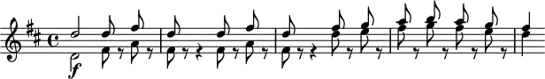 
\header {
  tagline = ##f
}

\score {
  \new Staff \with {

  }
<<
  \relative c'' {
    \key d \major
    \time 4/4
    \override TupletBracket #'bracket-visibility = ##f 
    \autoBeamOff

     %%%%%%%%%%% K 73n/95 - remonter les silences
     << { d2 d8 s8 fis8 s8 d8 s8 s4 d8 s8 fis8 s8 d8 s8 s4 fis8 s8 g8 s8 a8 s8 b8 s8 a8 s8 g8 s8 fis4 } \\ { d,2\f fis8 r8 a8 r8 fis8 r8 r4 fis8 r8 a8 r8 fis8 r8 r4 d'8 r8 e8 r8 fis8 r8 g8 r8 fis8 r8 e8 r8 d4 } >>

  }
>>
  \layout {
    \context {
      \remove "Metronome_mark_engraver"
    }
  }
  \midi {}
}
