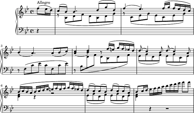 \version "2.18.2"
\header {
tagline = ##f
}
upper = \relative c' {
\clef "treble"
\tempo "Allegro"
\key bes \major
\time 4/4
\tempo 4 = 130
\partial 4 f'8 ^\markup {Allegro} (ees16 d)
\stemUp c8 ^ (bes) bes4. d8 ^ (g d)
f4 ^( ees4.) f16 ^(g f ees d c)
bes4 (a4.) a8 (bes c)
\stemUp <a c>4 (<bes d>) r8 f'16 ^ (e g f ees d)
d8 ^(c4) bes8 d8 ^(c4) a8
bes16 ^(c bes a bes c d ees e f e f g f ees! d)
d8 ^(c) c ^( bes) d ^(c) c ^(a)
bes c16 d \stemDown ees f g a bes c d ees f8 f
}
lower =\relative c {
\clef "bass"
\key bes \major
\time 4/4
\partial 4 r4
\change Staff = "upper"
r8 \stemDown bes' _ (d f d bes d g)
r8 \stemDown c, _ (ees g ees c ees g)
\change Staff = "lower"
r8 f, ^ (c' ees c f, c' ees)
r8 bes8_\( \change Staff = "upper"
d f d bes d f\)
ees _ (g d f) ees _ (g c, ees)
<d f>4 r4 r2
ees8 _(g d f) ees _(g d ees)
<d f>4 \change Staff = "lower"
r4 r2
}
\score {
\new PianoStaff <<
\new Staff = "upper" \upper
\new Staff = "lower" \lower
>>
\layout {
\context {
\Score
\remove "Metronome_mark_engraver"
}
}
\midi { }
}