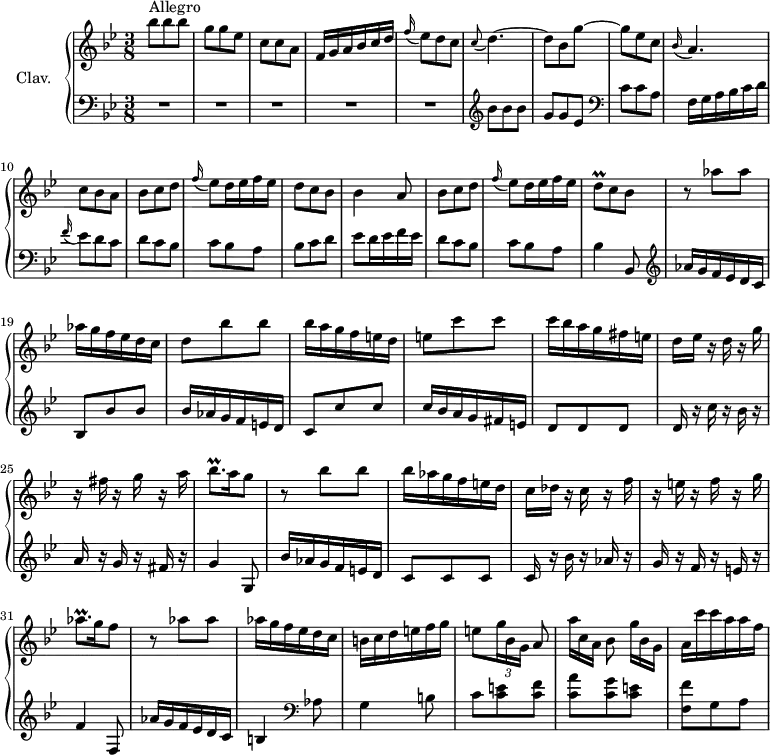
\version "2.18.2"
\header {
  tagline = ##f
  % composer = "Domenico Scarlatti"
  % opus = "K. 202"
  % meter = "Allegro"
}

%% les petites notes
trillBesqp     = { \tag #'print { bes8.\prall } \tag #'midi { c32 bes c bes~ bes16 } }
trillAesqp     = { \tag #'print { aes8.\prall } \tag #'midi { bes32 aes bes aes~ aes16 } }
trillDq        = { \tag #'print { d8\prall } \tag #'midi { ees32 d ees d } }


upper = \relative c'' {
  \clef treble 
  \key bes \major
  \time 3/8
  \tempo 4. = 70
  \set Staff.midiInstrument = #"harpsichord"
  \override TupletBracket.bracket-visibility = ##f

      s8*0^\markup{Allegro}
      bes'8 bes bes | g g ees | c c a | f16 g a bes c d | \appoggiatura f16 ees8 d c  | \appoggiatura c8 d4.~ | 
      % ms. 7
      d8 bes g'~ | g8 ees c | \appoggiatura bes16 a4. | c8 bes a | bes c d | \appoggiatura f16 ees8 d16 ees f ees | d8 c bes |
      % ms. 14
      bes4 a8  | bes8 c d | \appoggiatura f16 ees8 d16 ees f ees | \trillDq c8   \tempo 4. = 30 bes8 |   \tempo 4. = 70 r8 aes' aes | aes16 g f ees d c |
      % ms. 20
      d8 bes' bes | bes16 a g f e d | e8 c' c | c16 bes a g fis e | d ees r16 d r16 g | r16 fis r16 g r16 a |
      % ms. 26
      \trillBesqp a16   \tempo 4. = 30 g8 |   \tempo 4. = 70 r8 bes8 bes | bes16 aes g f e d | c des r16 c r16 f | r16 e r16 f r16 g | \trillAesqp g16   \tempo 4. = 30 f8 |   \tempo 4. = 70
      % ms. 32
      r8 aes8 aes | aes16 g f ees d c | b c d e f g | e8[ \times 2/3 { g16 bes, g] } a8 |   \omit TupletNumber \times 2/3 { a'16[ c, a] } bes8] \times 2/3 { g'16[ bes, g] } | a16 c' c a a f

}

lower = \relative c' {
  \clef bass
  \key bes \major
  \time 3/8
  \set Staff.midiInstrument = #"harpsichord"
  \override TupletBracket.bracket-visibility = ##f

    % **************************************
      R4.*5 |   \clef treble  bes'8 bes bes | g g ees |
      % ms. 7
         \clef bass c c a | f16 g a bes c d | \appoggiatura f16 ees8 d c | d8 c bes | c bes a | bes c d |
      % ms. 14
      ees8 d16 ees f ees | d8 c bes | c bes a | bes4 bes,8 | \clef treble   aes''16 g f ees d c | bes8 bes' bes |
      % ms. 20
      bes16 aes g f e d | c8 c' c | c16 bes a g fis e  | d8 d d | d16 r16 c' r16 bes r16 | a r16 g r16 fis r16 |
      % ms. 26
      g4 g,8 | bes'16 aes g f e d | c8 c c | c16 r16 bes' r16 aes r16 | g16 r16 f r16 e r16 | f4 f,8 |
      % ms. 32
      aes'16 g f ees d c | b4   \clef bass  aes8 | g4 b8 | c8 < c e > < c f > < c a' > < c g' > < c e > | < f, f' > g a |

}

thePianoStaff = \new PianoStaff <<
    \set PianoStaff.instrumentName = #"Clav."
    \new Staff = "upper" \upper
    \new Staff = "lower" \lower
  >>

\score {
  \keepWithTag #'print \thePianoStaff
  \layout {
      #(layout-set-staff-size 17)
    \context {
      \Score
     \override SpacingSpanner.common-shortest-duration = #(ly:make-moment 1/2)
      \remove "Metronome_mark_engraver"
    }
  }
}

\score {
  \keepWithTag #'midi \thePianoStaff
  \midi { }
}
