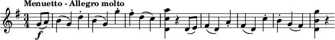 
\relative c'' {
    \version "2.18.2"
     \key g \major
     \time 3/4
     \tempo "Menuetto - Allegro molto"
     \tempo 4 = 170
  \partial 4
  g8 \f  (a)  b4 (g) d'-.
  b (g) g'-.
  fis-. d (c)
  <d, c' a'> r d8  (e) 
  fis4 (d) a'-.
  fis (d) c'-.
  b-. g (fis)
  <d b' g'> r 
}
