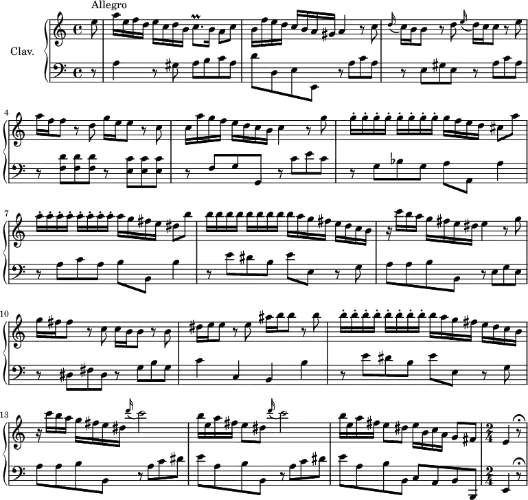 \version "2.18.2"
\header {
tagline = ##f
}
%% les petites notes
trillCqp = { \tag #'print { c8.\prall } \tag #'midi { d32 c d c~ c16 } }
upper = \relative c'' {
\clef treble
\key a \minor
\time 4/4
\tempo 4 = 90
\set Staff.midiInstrument = #"harpsichord"
\override TupletBracket.bracket-visibility = ##f
\partial 8
s8*0^\markup{Allegro}
e8 | a16 e f d e c d b \trillCqp b16 a8 c | b16 f' e d c b a gis a4 r8 c8 |
% ms. 3
\appoggiatura d16 c16 b b8 r8 d8 \appoggiatura e16 d16 c c8 r8 e8 | a16 f f8 r8 d8 g16 e e8 r8 c8 | c16 a' g f e d c b c4 r8 g'8 |
% ms. 6
\repeat unfold 8 { g16-. } g16 f e d cis8 a' | \repeat unfold 8 { a16-. } a16 g fis e dis8 b' |
% ms. 8
\repeat unfold 8 { b16 } b16 a g fis e d c b | r16 c'16 b a g fis e dis e4 r8 g8 | g16 fis fis8 r8 c8 c16 b b8 r8 b8 |
% ms. 11
dis16 e e8 r8 e8 ais16 b b8 r8 b8 | \repeat unfold 8 { b16-. } b16 a g fis e d c b | r16 c'16 b a g fis e dis \repeat unfold 2 { \appoggiatura d'16 c2 |
% ms. 14
b16 e, a fis e8 dis } e16 b c a g8 \tempo 4 = 66 fis | \time 2/4 \tempo 4 = 30 e4 r8\fermata
}
lower = \relative c' {
\clef bass
\key a \minor
\time 4/4
\set Staff.midiInstrument = #"harpsichord"
% **************************************
r8 | a4 r8 gis8 a b c a | d d, e e, r8 a' c a |
% ms. 3
r8 e gis e r8 a c a | r8 < f d' >8 q q r8 < e c' > q q | r8 f8 g g, r8 c' e c |
% ms. 6
r8 g8 bes g a a, a'4 | r8 a8 c a b b, b'4 |
% ms. 8
r8 e8 dis b e e, r8 g8 | a a b b, r8 e g e | r8 dis fis dis r8 g b g |
% ms. 11
c4 c, b b' | r8 e8 dis b e e, r8 g | a a b b, r8 a' c dis |
% ms. 14
e8 a, b b, r8 a' c dis | e a, b b, c a b b, | \time 2/4 e4 r8\fermata \break \bar ".|:"
}
thePianoStaff = \new PianoStaff <<
\set PianoStaff.instrumentName = #"Clav."
\new Staff = "upper" \upper
\new Staff = "lower" \lower
>>
\score {
\keepWithTag #'print \thePianoStaff
\layout {
#(layout-set-staff-size 17)
\context {
\Score
\override SpacingSpanner.common-shortest-duration = #(ly:make-moment 1/2)
\remove "Metronome_mark_engraver"
}
}
}
\score {
\keepWithTag #'midi \thePianoStaff
\midi { }
}