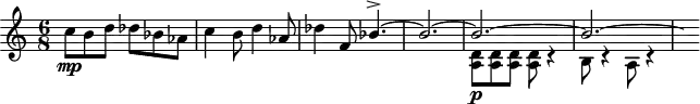 
\version "2.18.2"
\header {
  tagline = ##f
}

\score {
  \new Staff \with {

  }
<<
  \relative c'' {
    \key c \major
    \time 6/8
    \tempo 4. = 120
    \override TupletBracket #'bracket-visibility = ##f 

     % thème mvt 1
     c8\mp b d des bes aes c4 b8 d4 aes8 des4 f,8 
     << { bes4.~-> bes2.~ bes~ bes~ \hideNotes bes8 } \\ { s4.*3 < a, d >8\p < a d > q q r4 b8 r4 a8 r4 } >>

  }
>>
  \layout {
     \context { \Score \remove "Metronome_mark_engraver" }
  }
  \midi {}
}
