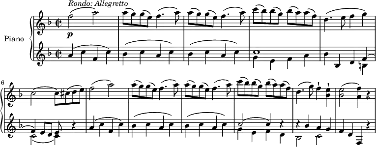 
\version "2.18.2"
\header {
  tagline = ##f
}
upper = \relative c' {
  \clef treble 
  \key f \major
  \time 2/2
  \tempo "Allegretto"
  \tempo 4 = 130
  %\autoBeamOff

  f'2 \p^\markup{ \italic {Rondo: Allegretto } } (a)
  \repeat unfold 2 {a8 (g) g (e) f4. (a8)}
  c8 (bes)  bes (g)  bes (a)  a (f)
  d4. (e8 f4 g)
  c,2 (c8) cis (d e)
  f2 (a)
  \repeat  unfold 2 {a8 (g) g (e) f4. (a8)}
  c8 (bes)  bes (g)  bes (a)  a (f)
  d4. (g8) f4-! <bes, e>-!
  <bes e>2 (<a f'>4) r
}
lower = \relative c {
  \clef bass
  \key f \major
  \time 2/2
   \clef treble 
    a''4 (c f, c')
    \repeat unfold 2 {bes (c a c)}
    << { \stemDown g4 e f a} \\ { c1 } >>
    bes4 bes, d << { \stemDown b4 c2 _(c4)} \\ { \stemUp f4 ^(f) e8 d e } >> r4
    a4 (c f, c')
    \repeat unfold 2 {bes (c a c)}
    << { \stemDown g4 e f d bes2 c2} \\ {\stemUp  c'2 ^(c4) c \rest  c \rest bes a g } >>
    f4 d f, r
} 
\score {
  \new PianoStaff <<
    \set PianoStaff.instrumentName = #"Piano"
    \new Staff = "upper" \upper
    \new Staff = "lower" \lower
  >>
  \layout {
    \context {
      \Score
      \remove "Metronome_mark_engraver"
    }
  }
  \midi { }
}
