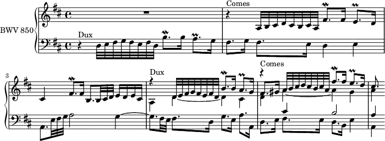 
\version "2.18.2"
\header {
  tagline = ##f
}

Mordbhp = { \tag #'print { b'8.\mordent } \tag #'midi { b32 a b8 }  }
Prallahp = { \tag #'print { a8.\prall } \tag #'midi { \times 2/3 { b32 a b } a8 }  }
Prallehp = { \tag #'print { e8.\prall } \tag #'midi { \times 2/3 { fis32 e fis } e8 }  }
Mordfishpup = { \tag #'print { fis'8.\mordent } \tag #'midi { fis32 e fis8 }  }
Mordfishp = { \tag #'print { fis8.\mordent } \tag #'midi { fis32 e fis8 }  }

Dux   = { r4^\markup{Dux} d32 e fis g fis e fis d \Mordbhp b16 \Prallahp g16 }
Comes = { r4^\markup{Comes} a32 b cis d cis b cis a \Mordfishpup fis16 \Prallehp d16 }

upper = \relative c'' {
  \clef treble 
  \key d \major
  \time 4/4
  \tempo 4 = 66
  \set Staff.midiInstrument = #"harpsichord" 

   %% FUGUE CBT I-5, BWV 850, ré majeur
   R1 \relative c' \Comes cis,4 \Mordfishp fis16 b,8.*5/6  b32 cis d e16 d e cis 
   << { s1 \relative c'' \Comes cis'8. } \\ { a,4 d~ d cis d a'~ a gis a } \\ { \relative c' \Dux fis8. gis16 } >>
}

lower = \relative c {
  \clef bass 
  \key d \major
  \time 4/4
  \set Staff.midiInstrument = #"harpsichord" 
    
   \Dux fis8. g16 fis8. e16 d4 e | a,8.*5/6 e'32 fis g a2 g4~ g8. fis32 e fis8. d16 g8. e16 a8. a,16
   << { s4 cis'4 b2 a4 } \\ { d,8. e16 fis8. e16 d8. b16 e4 a, } >>
    
} 

 thePianoStaff = \new PianoStaff <<
    \set PianoStaff.instrumentName = #"BWV 850"
    \new Staff = "upper" \upper
    \new Staff = "lower" \lower
  >>

\score {
  \keepWithTag #'print \thePianoStaff
  \layout {
    \context {
      \Score
      \remove "Metronome_mark_engraver"
    }
  }
}

\score {
  \keepWithTag #'midi \thePianoStaff
  \midi { }
}
