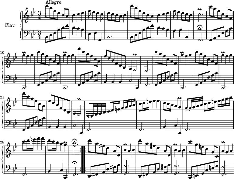 
\version "2.18.2"
\header {
  tagline = ##f
  % composer = "Domenico Scarlatti"
  % opus = "K. 411"
  % meter = "Allegro"
}

%% les petites notes
trillFbp       = { \tag #'print { f2.\prall } \tag #'midi { g32 f g f~ f8~ f2 } }
trillCbp       = { \tag #'print { c2.\prall } \tag #'midi { d32 c d c~ c8~ c2 } }
trillGUp       = { \tag #'print { g'4\prall } \tag #'midi { a32 g a g~ g8 } }
trillG         = { \tag #'print { g4\prall } \tag #'midi { a32 g a g~ g8 } }
trillGb        = { \tag #'print { g2\prall } \tag #'midi { a32 g a g~ g8~ g4 } }
trillCbp       = { \tag #'print { c2.\prall } \tag #'midi { d32 c d c~ c8~ c2 } }
trillFbp       = { \tag #'print { f2.\prall\fermata } \tag #'midi { g32 f g f~ f8~ f2 } }
trillBesUp     = { \tag #'print { bes'4\prall } \tag #'midi { c32 bes c bes~ bes8 } }
trillAUp       = { \tag #'print { a'4\prall } \tag #'midi { bes32 a bes a~ a8 } }

upper = \relative c'' {
  \clef treble 
  \key bes \major
  \time 3/4
  \tempo 4 = 126
  \set Staff.midiInstrument = #"harpsichord"
  \override TupletBracket.bracket-visibility = ##f

  \repeat volta 2 {
      s8*0^\markup{Allegro}
      d'8 bes f d bes[ a] | bes4 c d | f8 ees4 d c8 | d8 c bes a bes4 | d'8 bes f d bes a |
      % ms. 6
      bes4 c d | f8 ees4 d8 c bes | \trillCbp | \repeat unfold 2 { c'8 a f c a[ f] |
      % ms. 12
      \trillGUp f4 g } | f'8 c a f c[ a] | f' d bes f d bes | a4 \trillGb | f2. | \repeat unfold 2 { c'''8 a f c a[ f] |
      % ms. 18
      \trillGUp f4 g } | | f'8 c a f c[ a] | f' d bes f d bes | a4 \trillGb |
      % ms. 24
      f8~ f32 g a bes c8 d16 e f g a bes | c8 d16 e f4 f | d8 c16 bes a4 \trillG | f8~ f32 g a bes c8 d16 e f g a bes |
      % ms. 28
      c8 d16 e f4 f | d8 c16 bes a4 \trillG | \trillFbp }%repet
      % ms. 31
      \repeat unfold 2 { d'8 a fis d a[ d,] | \trillBesUp a4 bes } | 
      % ms. 34
      c'8 g e c g[ c,] | \trillAUp g4 a |


}

lower = \relative c' {
  \clef bass
  \key bes \major
  \time 3/4
  \set Staff.midiInstrument = #"harpsichord"
  \override TupletBracket.bracket-visibility = ##f

  \repeat volta 2 {
    % ************************************** \appoggiatura a16  \repeat unfold 2 {  } \times 2/3 { }   \omit TupletNumber 
      bes,8 d f bes d f | d4 c bes | ees, f f, | bes2. | bes8 d f bes d f |
      % ms. 6
      d4 c bes | a bes bes, | \trillFbp | \repeat unfold 2 { \repeat unfold 2 { f8 a c f a[ c] |
      % ms. 12
      c,,2. } | f8 a c f a[ c] | bes,4 bes bes | c2 c,4 |
      % ms. 24
      f2. } f2. | bes4 c c, | f2. |
      % ms. 28
      f2. | bes4 c c, | f2.\fermata  }%repet
\bar ":..:"
      % ms. 31
      \repeat unfold 2 { d8 fis a d fis[ a] | < g, g' >2. }
      % ms. 34
      c,8 e g c e g | < f, f' >2.  \bar "" 

}

thePianoStaff = \new PianoStaff <<
    \set PianoStaff.instrumentName = #"Clav."
    \new Staff = "upper" \upper
    \new Staff = "lower" \lower
  >>

\score {
  \keepWithTag #'print \thePianoStaff
  \layout {
      #(layout-set-staff-size 17)
    \context {
      \Score
     \override SpacingSpanner.common-shortest-duration = #(ly:make-moment 1/2)
      \remove "Metronome_mark_engraver"
    }
  }
}

\score {
  \unfoldRepeats
  \keepWithTag #'midi \thePianoStaff
  \midi { }
}
