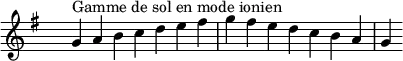 \relative c'' {
\key g \ionian
\clef treble \time 7/4 \hide Staff.TimeSignature g4^\markup { Gamme de sol en mode ionien } a b c d e fis g fis e d c b a g
}