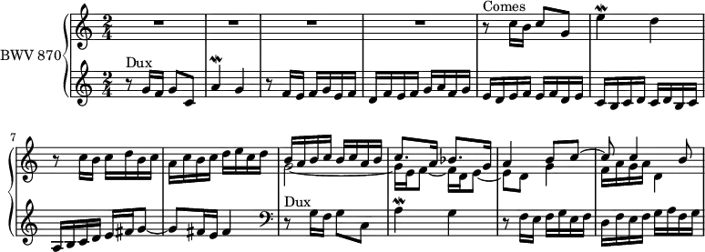 
\version "2.18.2"
\header {
  tagline = ##f
}

Mordaq   = { \tag #'print { a'4\mordent } \tag #'midi { a32 g a16~ a8 }  }
Mordeq   = { \tag #'print { e'4\mordent } \tag #'midi { e32 d e16~ e8 }  }

Dux   = { r8^\markup{Dux} g16[ f] g8 c, | \Mordaq  g4 | r8 f16 e f g e f | d f e f g a f g }
Comes = { r8^\markup{Comes} c16[ b] c8 g | \Mordeq  d4 | r8 c16 b c d b c | a c b c d e c d }

upper = \relative c'' {
  \clef treble 
  \key c \major
  \time 2/4
  \tempo 4 = 102 %% Keller recommande 108/116, mais déjà 102 me paraît trop rapide déjà...
  \set Staff.midiInstrument = #"harpsichord" 

   %% FUGUE CBT II-1, BWV 870, ut majeur
   R2*4 \Comes 
   << { b16 a b c b c a b | c8. a16 bes8. g16 | a4 b8 c~ | c8 c4 b8 } \\ { g2~ | g16 e f8~ f16 d e8~ | e d g4 | f16 a g a d,4 } >>
   
}

lower = \relative c'' {
  \clef treble 
  \key c \major
  \time 2/4
  \set Staff.midiInstrument = #"harpsichord" 
    
   \Dux | e16 d e f e f d e | 
   c b c d c d b c | a b c d e fis g8~ g fis16 e fis4
   \clef bass \relative c'
   \Dux
    
} 

thePianoStaff = \new PianoStaff <<
    \set PianoStaff.instrumentName = #"BWV 870"
    \new Staff = "upper" \upper
    \new Staff = "lower" \lower
  >>
\score {
  \keepWithTag #'print \thePianoStaff
  \layout {
    \context {
      \Score
      \remove "Metronome_mark_engraver"
    }
  }
}

\score {
  \keepWithTag #'midi \thePianoStaff
  \midi { }
}
