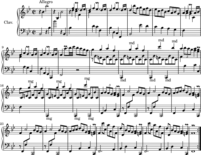 
\version "2.18.2"
\header {
  tagline = ##f
  % composer = "Domenico Scarlatti"
  % opus = "K. 528"
  % meter = "Allegro"
}

%% les petites notes
trillBesp      = { \tag #'print { bes4.\prall } \tag #'midi { c16 bes c bes c bes } }
trillAqpUp     = { \tag #'print { a'8.\prall } \tag #'midi { \times 2/3 { a16 bes a~ } a16 } }
trillEesp      = { \tag #'print { ees4.\prall } \tag #'midi { f16 ees f ees f ees } }
trillEesG      = { \tag #'print { < ees g >4\prall } \tag #'midi { a16 g a g } }
trillEG        = { \tag #'print { < e g >4\prall } \tag #'midi { a16 g a g } }
trillFr        = { \tag #'print { f1\prall } \tag #'midi { g16 f g f~   \tempo 2 = 60 f2.   \tempo 2 = 82 } }

upper = \relative c'' {
  \clef treble 
  \key bes \major
  \time 2/2
  \tempo 2 = 82
  \set Staff.midiInstrument = #"harpsichord"
  \override TupletBracket.bracket-visibility = ##f

  \repeat volta 2 {
      s8*0^\markup{Allegro}
      r4 bes4 bes'2 | r4 bes,,4 bes'2 | r4 \stemUp \repeat unfold 3 { f' \trillEesp  d16 ees | 
      % ms. 6
      d4 } \stemNeutral  bes'8 f g ees f d | ees c d bes c a bes g | a4 \stemUp \repeat unfold 3 { c \trillBesp a16 bes |
      % ms. 11
      a4 } \stemNeutral \trillAqpUp bes32 c bes8 a g f | g4 \stemUp g a f |
      \change Staff = "lower" c,,,4-\markup{md}
      \change Staff = "upper" g''''^\markup{md} a f 
      \change Staff = "lower" c,,,4-\markup{md}
      \change Staff = "upper" c''''^\markup{md}
      \change Staff = "lower" c,,,,4-\markup{md}
      \change Staff = "upper" bes''''^\markup{md}
      % ms. 15
      a4 \stemNeutral \times 2/3 { bes8 a g } < f a >4 \trillEesG | \stemDown f8 \stemUp \repeat unfold 2 { c, e c f c a' c, | g' } c, e c g' c, bes' c, |
      % ms. 19
      a'4 \times 2/3 { bes8 a g } < a f >4 \trillEesG |
      \repeat unfold 2 { f4 c'2 \omit TupletNumber \times 2/3 { bes8 a g } | a4 c2 \omit TupletNumber \times 2/3 { bes8 a g } | \times 2/3 { a8 bes c d[ bes g] } < f a >4 \trillEG } \stemNeutral 
      % ms. 26
      \repeat unfold 2 { f4 c''8[ c,] a' a, f' f, | d'[ d,] \times 2/3 { bes'8 a g } < f a >4 \trillEG } | \trillFr }%repet

}

lower = \relative c' {
  \clef bass
  \key bes \major
  \time 2/2
  \set Staff.midiInstrument = #"harpsichord"
  \override TupletBracket.bracket-visibility = ##f

  \repeat volta 2 {
    % ************************************** \appoggiatura a16  \repeat unfold 2 {  } \times 2/3 { }   \omit TupletNumber 
      bes,2 r4 bes'4 | bes'2 r4 bes,, | bes' \stemDown \change Staff = "upper" d' c f, | bes \stemNeutral \change Staff = "lower" d, c f, bes d, c f, |
      % ms. 6
      bes2 ees'4 d | c bes a g | f \stemDown \change Staff = "upper" a' g c, | f \stemNeutral \change Staff = "lower" a, g c, | f a, g c, |
      % ms. 11
      f2 r2 | \stemDown \change Staff = "upper"  r8 \repeat unfold 2 { g''8 e c f c g' c, | c } g' e c c g' e c |
      % ms. 15
      f4 \stemNeutral \change Staff = "lower" bes,4 c c, | f | 
      \repeat unfold 2 { \stemUp \change Staff = "upper" g''4^\markup{mg} a f 
      \stemNeutral \change Staff = "lower" c,,,4-\markup{mg} }
      \stemUp \change Staff = "upper" c''''4^\markup{mg}
      \stemNeutral \change Staff = "lower" c,,,,2-\markup{mg}
      % ms. 19
      f4 bes c c, | \repeat unfold 2 { \repeat unfold 2 { r8 f8 f' \change Staff = "upper" f' \stemNeutral \change Staff = "lower" c,,2 } | f4 bes c c, } |
      % ms. 26
      \repeat unfold 2 { f2. a4 |
      % ms. 27
      bes4 d c c, } | f1 }%repet

}

thePianoStaff = \new PianoStaff <<
    \set PianoStaff.instrumentName = #"Clav."
    \new Staff = "upper" \upper
    \new Staff = "lower" \lower
  >>

\score {
  \keepWithTag #'print \thePianoStaff
  \layout {
      #(layout-set-staff-size 17)
    \context {
      \Score
     \override SpacingSpanner.common-shortest-duration = #(ly:make-moment 1/2)
      \remove "Metronome_mark_engraver"
    }
  }
}

\score {
  \unfoldRepeats
  \keepWithTag #'midi \thePianoStaff
  \midi { }
}
