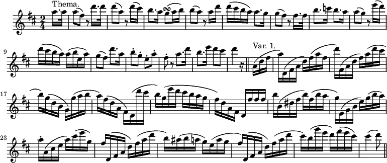 \version "2.18.2"
\header {
tagline = ##f
}
\score {
\new Staff \with {
}
<<
\relative c'' {
\key d \major
\time 2/4
\tempo 4 = 72
\override TupletBracket #'bracket-visibility = ##f
%%%%%% Weber, tema
\partial 8
a'16.^\markup{Thema.} a32 | a8( fis) r8 d'16. d32 | d8( a) r8 d16( cis) | b8. a16 g8\turn( a16 b) | b8( a) r8 a16 d |
% ms. 5
d16( cis b a) a8. g16 | g8( fis) r8 fis16. fis32 | b8. c16 b8. a16 | a8( g) r8 e'16( d) | d( cis b a) a( b e, a) |
% ms. 10
g8( fis) d'8. a16 | b8-. g-. e-. a-. | fis-. r8 a8. d16 | b8. e16 d8 cis | d4 r16 \bar "||"
% ms. 1 var 1.
a,16(^\markup{Var. 1.} d fis | a) d,,( fis a d) fis( a fis d') fis,,( a d fis) a( d cis | b) g( d b g) g'( a b | a) fis( d a fis) d( d'' cis |
% ms. 6 var 1.
b16) g( e' d cis b a g | fis) d a fis d fis' fis fis | b b,( dis fis b) fis( b a | g) e,( g b e) g( b a) | a-. a,( cis e a) cis( e g,)
% ms. 11 var 1.
fis16) d,( fis a d) fis( a d | b) ais( b a g) e( a g | fis) d,( fis a d) fis( a d | cis) b( g' e d) fis( e cis) | cis4( d8) \bar "||"
}
>>
\layout {
#(layout-set-staff-size 17)
indent = #3
\context { \Score \remove "Metronome_mark_engraver"
\override SpacingSpanner.common-shortest-duration = #(ly:make-moment 1/2)
}
}
\midi { \set Staff.midiInstrument = #"flute" }
}