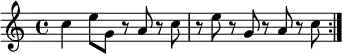 \repeat volta 2 { c'' e''8 g'8 r8 a'8 r8 c''8 r8 e''8 r8 g'8 r8 a'8 r8 c''8 }