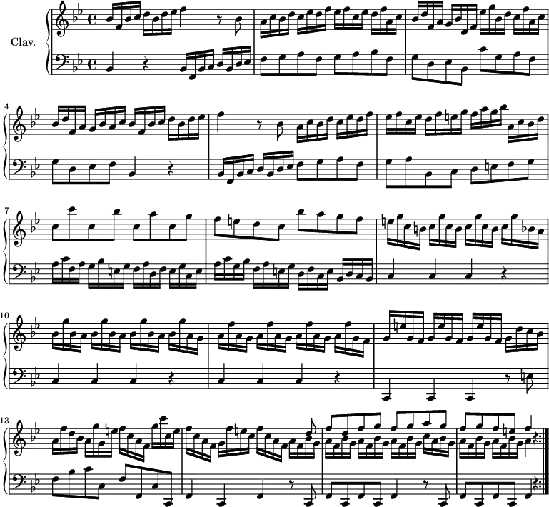 \version "2.18.2"
\header {
tagline = ##f
% composer = "Domenico Scarlatti"
% opus = "K. 70"
% meter = ""
}
%% les petites notes
%trillBesp = { \tag #'print { bes4.\prall } \tag #'midi { c32 bes c bes~ bes4 } }
upper = \relative c'' {
\clef treble
\key bes \major
\time 4/4
\tempo 4 = 102
\set Staff.midiInstrument = #"harpsichord"
\override TupletBracket.bracket-visibility = ##f
\repeat volta 2 {
%s8*0^\markup{Allegro}
bes16 f bes c d bes d ees f4 r8 bes,8 | a16 c bes d c ees d f ees f c ees d f a, c |
% ms. 3
bes16 d f, a g bes d, f ees' g bes, d c f a, c | bes d f, a g bes a c bes f bes c d bes d ees | f4 r8 bes,8 a16 c bes d c ees d f |
% ms. 6
ees16 f c ees d f e g f a g bes| a, c bes d | c8 c' c, bes' c, a' c, g' | f e d c bes' a g f |
% ms. 9
e16 g c, b \repeat unfold 2 { c g' c, b } c g' bes, a | \repeat unfold 3 { bes g' bes, a } bes g' a, g | \repeat unfold 3 { a f' a, g } a f' g, f
% ms. 12
\repeat unfold 3 { g16 e' g, f } g16 d' c bes | a f' d bes a g' g, e' f c a f g' c c, e | f c a f g f' e c f c a f
% ms. 14 suite
<< { s8 d'8 | f d f g f g a g | f g f e f4 b,4\rest } \\ { \repeat unfold 4 { a16 f bes g } c a bes g \repeat unfold 2 { a16 f bes g } a4 } >> }%repet
}
lower = \relative c' {
\clef bass
\key bes \major
\time 4/4
\set Staff.midiInstrument = #"harpsichord"
\override TupletBracket.bracket-visibility = ##f
\repeat volta 2 {
% ************************************** \appoggiatura a16 \repeat unfold 2 { } \times 2/3 { } \omit TupletNumber
bes,4 r4 bes16 f bes c d bes d ees | f8 g a f g a bes f |
% ms. 3
g8 d ees bes c' g a f | g d ees f bes,4 r4 | bes16 f bes c d bes d ees f8 g a f |
% ms. 6
g8 a bes, c d e f g | a16 c f, a g bes e, g f a d, f e g c, e | a c g bes f a e g d f c e bes d c bes |
% ms. 9
\repeat unfold 3 { c4 c c r4 } | c,4 c c r8 e'8 | f bes c c, f f, c' c, | f4 c f r8 c8 |
% ms. 12
f8 c f c f4 r8 c8 | f c f c f4 r4 }%repet
% ms. 15
}
thePianoStaff = \new PianoStaff <<
\set PianoStaff.instrumentName = #"Clav."
\new Staff = "upper" \upper
\new Staff = "lower" \lower
>>
\score {
\keepWithTag #'print \thePianoStaff
\layout {
#(layout-set-staff-size 17)
\context {
\Score
\override SpacingSpanner.common-shortest-duration = #(ly:make-moment 1/2)
\remove "Metronome_mark_engraver"
}
}
}
\score {
\unfoldRepeats
\keepWithTag #'midi \thePianoStaff
\midi { }
}