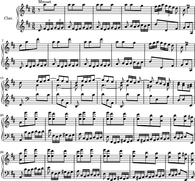 
\version "2.18.2"
\header {
  tagline = ##f
  % composer = "Domenico Scarlatti"
  % opus = "K. 397"
  % meter = "Minuet"
}

%% les petites notes
trillE       = { \tag #'print { e4\prall } \tag #'midi { fis32 e fis e~ e8 } }

upper = \relative c'' {
  \clef treble 
  \key d \major
  \time 3/8
  \tempo 4. = 60
  \set Staff.midiInstrument = #"harpsichord"
  \override TupletBracket.bracket-visibility = ##f

      s8*0^\markup{Minuet}
      r8 \repeat unfold 10 { a'8 } g8 |  \times 2/3 { fis16[ g a] } \times 2/3 { g16[ fis e] } d8 | \omit TupletNumber 
      % ms. 6
      b8 \trillE | d8 a' d | \repeat unfold 2 { a8 a d } | a a g | \times 2/3 { fis16[ g a] } \times 2/3 { g16[ fis e] } d8 |
      % ms. 12
      b8 \trillE | d8 \repeat unfold 2 { << { \override TupletBracket.bracket-visibility = ##f \omit TupletNumber \times 2/3 { fis16 e fis } g8~ | g fis e | d } \\ { a4 | a4.~ | a8 } >> } << { \omit TupletNumber \times 2/3 { fis'16[ e d] } e8~ | e \times 2/3 { d16[ cis b] } cis8 } \\ { a4 | gis4 a8 } >>
      % ms. 19
      < b d >8 < a cis > < gis b > | a8 \repeat unfold 2 { \repeat unfold 2 { < e' e' >8 q | q < e d' > q | < e cis' > }
      % ms. 24 suite
      < d b' >8 < cis a' > | < d b' > < cis a' > < b gis' > < a a' > }

}

lower = \relative c' {
  \clef bass
  \key d \major
  \time 3/8
  \set Staff.midiInstrument = #"harpsichord"
  \override TupletBracket.bracket-visibility = ##f

    % ************************************** \appoggiatura a16  \repeat unfold 2 {  } \times 2/3 { }   \omit TupletNumber 
        \clef treble \repeat unfold 2 { d8 \repeat unfold 3 { \times 2/3 { fis16[ e fis] } \times 2/3 { g fis g } | a8 \omit TupletNumber } \times 2/3 { b16[ a b] } \times 2/3 { cis16[ b cis] } | d8 d, fis |
      % ms. 6
      g8  a a, } |
      % ms. 13
      d8    \clef bass  \repeat unfold 2 { d[ cis] | d d, a | d, } d''8[ cis] |
      % ms. 18
      b8 e, a | d, e e, | \repeat unfold 2 { a8 \times 2/3 { cis'16[ b cis] } \times 2/3 { d16[ cis d] } | e8 \times 2/3 { fis,16[ e fis] } \times 2/3 { gis16[ fis gis] } | a8 \times 2/3 { cis,16[ b cis] } \times 2/3 { d16[ cis d] } | e8 \times 2/3 { fis,16[ e fis] } \times 2/3 { gis16[ fis gis] } |
      % ms. 24
      \times 2/3 { a16[ gis a] } \times 2/3 { b16[ a b] } | \times 2/3 { cis16[ b cis] } | \times 2/3 { d16[ cis d] } e8 e, } | a8

}

thePianoStaff = \new PianoStaff <<
    \set PianoStaff.instrumentName = #"Clav."
    \new Staff = "upper" \upper
    \new Staff = "lower" \lower
  >>

\score {
  \keepWithTag #'print \thePianoStaff
  \layout {
      #(layout-set-staff-size 17)
    \context {
      \Score
     \override SpacingSpanner.common-shortest-duration = #(ly:make-moment 1/2)
      \remove "Metronome_mark_engraver"
    }
  }
}

\score {
  \keepWithTag #'midi \thePianoStaff
  \midi { }
}
