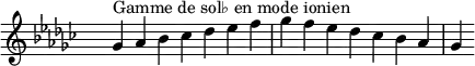\relative c'' {
\key ges \ionian
\clef treble \time 7/4 \hide Staff.TimeSignature ges4^\markup { Gamme de sol♭ en mode ionien } aes bes ces des ees f ges f ees des ces bes aes ges
}