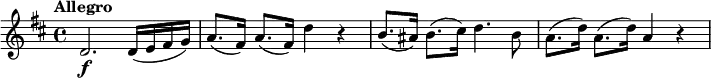 \relative c' {
\version "2.18.2"
\key d \major
\tempo "Allegro"
\tempo 4 = 130
d2.\f d16(e fis g) | a8.(fis16) a8.(fis16) d'4 r | b8.(ais16) b8.(cis16) d4. b8 | a8.(d16) a8.(d16) a4 r
}