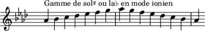 \relative c'' {
\key aes \ionian
\clef treble \time 7/4 \hide Staff.TimeSignature aes4^\markup { Gamme de sol♯ ou la♭ en mode ionien } bes c des ees f g aes g f ees des c bes aes
}