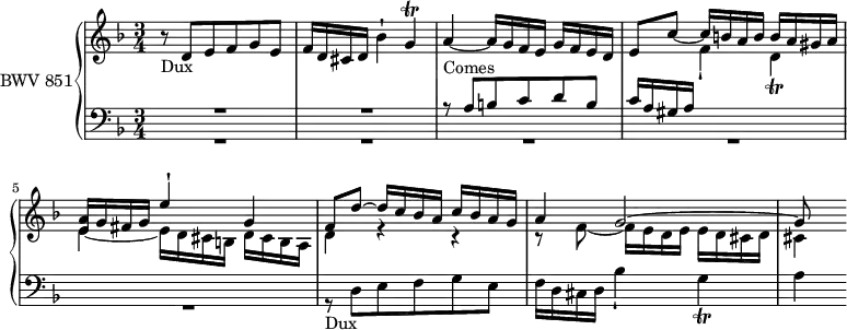 
\version "2.18.2"
\header {
  tagline = ##f
}

Trillgq     = { \tag #'print { g4\trill } \tag #'midi { \repeat unfold 3 { a32 g~ } g16 }  }
Trilldq     = { \tag #'print { d4_\trill } \tag #'midi { \repeat unfold 3 { e32 d~ } d16 }  }

Dux         = { r8_\markup{Dux} d8 e f g e f16 d cis d bes'4-! \Trillgq a4~ }
Comes       = { r8^\markup{Comes} a8 b c d b c16 a gis a \stemDown \change Staff = "upper"  f'4_! \Trilldq e4~ }

upper = \relative c' {
  \clef treble 
  \key d \minor
  \time 3/4
  \tempo 4 = 72
  \set Staff.midiInstrument = #"harpsichord" 

   %% FUGUE CBT I-6, BWV 851, ré mineur
   \Dux a16 g f e g f e d e8 c'~ c16 \stemUp b a b b a gis a | 
   << { a g fis g e'4-! g, f8 d'~ d16 c bes a c bes a g | a4 g2~ g8 } \\ { e4~ e16 d cis b d cis b a d4  r4 r4 r8 f8~ f16 e d e e d cis d cis4 } >>

}

lower = \relative c' {
  \clef bass 
  \key d \minor
  \time 3/4
  \set Staff.midiInstrument = #"harpsichord" 
    
   << { R2.*2 \Comes } \\ { R2.*5 \relative c \Dux } >>
    
} 

 thePianoStaff = \new PianoStaff <<
    \set PianoStaff.instrumentName = #"BWV 851"
    \new Staff = "upper" \upper
    \new Staff = "lower" \lower
  >>

\score {
  \keepWithTag #'print \thePianoStaff
  \layout {
    \context {
      \Score
      \remove "Metronome_mark_engraver"
    }
  }
}

\score {
  \keepWithTag #'midi \thePianoStaff
  \midi { }
}
