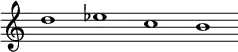 
\version "2.18.2"
\header {
  tagline = ##f
}
\new Staff {
  \relative c'' {
    \override Staff.TimeSignature #'stencil = ##f
    \override Staff.BarLine #'stencil = ##f
    d1 es c b
  }
}
\midi {
  \context {
    \Score
    tempoWholesPerMinute = #(ly:make-moment 60 1)
  }
}
