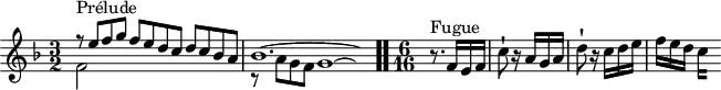 
\version "2.18.2"
\header {
  tagline = ##f
}

\score {
  \new Staff \with {

  }
<<
  \relative c'' {
    \key f \major
    \time 3/2

     %% INCIPIT CBT II-11, BWV 880, fa majeur
     << { r8^\markup{Prélude} e8 f g f e d c d c bes a | \once \override Staff.TimeSignature #'stencil = ##f \time 6/2 bes1.~ \hideNotes bes16 } \\ { f2 s1 r8 a8 g f g1^~ \hideNotes g16 } >> \bar ".."
     \partial 4.
     \time 6/16
     r8.^\markup{Fugue} f16 e f c'8-! r16 a16 g a d8-! r16 c16 d e f e d 
{ 
 % suppression des warnings :
 #(ly:set-option 'warning-as-error #f)
 #(ly:expect-warning (_ "stem does not fit in beam")) %% <= à traduire éventuellement
 #(ly:expect-warning (_ "beam was started here")) %% <= à traduire éventuellement
  \set stemRightBeamCount = #2
  c4*1/4[ s]
}

  }
>>
  \layout {
     \context { \Score \remove "Metronome_mark_engraver"  \override SpacingSpanner.common-shortest-duration =
        #(ly:make-moment 1/3) }
  }
  \midi {}
}
