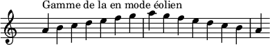 \relative c'' {
\key a \aeolian
\clef treble \time 7/4 \hide Staff.TimeSignature a4^\markup { Gamme de la en mode éolien } b c d e f g a g f e d c b a
}