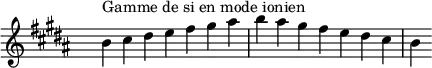 \relative c'' {
\key b \ionian
\clef treble \time 7/4 \hide Staff.TimeSignature b4^\markup { Gamme de si en mode ionien } cis dis e fis gis ais b ais gis fis e dis cis b
}