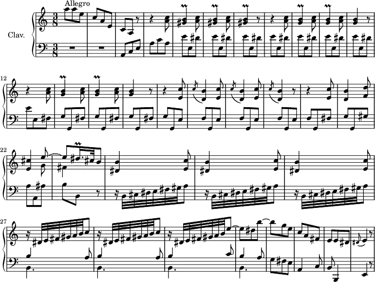 \version "2.18.2"
\header {
tagline = ##f
% composer = "Domenico Scarlatti"
% opus = "K. 532"
% meter = "Allegro"
}
%% les petites notes
trillGisB = { \tag #'print { < gis b >4\prall } \tag #'midi { << { c32 b c b~ b8 } \\ { gis4 } >> } }
trillGB = { \tag #'print { < g b >4\prall } \tag #'midi { << { c32 b c b~ b8 } \\ { g4 } >> } }
trillDisqqp = { \tag #'print { dis16.\prall } \tag #'midi { \times 2/3 { dis32 e dis~ } dis } }
upper = \relative c'' {
\clef treble
\key a \minor
\time 3/8
\tempo 4. = 88
\set Staff.midiInstrument = #"harpsichord"
\override TupletBracket.bracket-visibility = ##f
s8*0^\markup{Allegro}
a'8 a e | c a e | c a r8 | r4 < a' c >8 | \repeat unfold 2 { \trillGisB < a c >8 }
% ms. 7
\trillGisB r8 | \repeat unfold 2 { r4 < a c >8 | \repeat unfold 2 { \trillGB < a c >8 } | < g b >4 r8 }
% ms. 16
r4 \repeat unfold 3 { <e c' >8 \acciaccatura c'8 < d, b' >4 } r8 | r4 < e c' >8
% ms. 21
< d b' >4 < f d' >8 < e cis' >4 << { e'8~ e8 \trillDisqqp cis32 b8 } \\ { g8 fis4 } >> | \repeat unfold 3 { < dis b' >4 < e c' >8 }
% ms. 27
\repeat unfold 2 { r16 dis32 e fis gis a b c8 } | r16 dis,32 e fis gis a b e8~ | e dis b'~ | b g e | c a fis |
% ms. 33
e8 e dis | \appoggiatura dis8 e4 r8 |
}
lower = \relative c' {
\clef bass
\key a \minor
\time 3/8
\set Staff.midiInstrument = #"harpsichord"
\override TupletBracket.bracket-visibility = ##f
% ************************************** \appoggiatura a16 \repeat unfold 2 { } \times 2/3 { } \omit TupletNumber
R4.*2 | a,8 c e | a c a | \repeat unfold 7 { e' e, dis' } |
% ms. 12
e e, fis | \repeat unfold 3 { g g, fis' }
% ms. 16
g g, e' \repeat unfold 3 { f g, e' } | f g, fis' |
% ms. 21
g g, gis' | a a, ais' | b b, r8 | \repeat unfold 3 { r16 b32 cis dis e fis gis a8 } |
% ms. 27
<< { \repeat unfold 2 { b4 a8 } | b4 c8 | b4 a8 } \\ { \repeat unfold 4 { b,4. } } >> | g'8 fis e | a,4 c8 |
% ms. 33
b8 b,4 | e4 r8 |
}
thePianoStaff = \new PianoStaff <<
\set PianoStaff.instrumentName = #"Clav."
\new Staff = "upper" \upper
\new Staff = "lower" \lower
>>
\score {
\keepWithTag #'print \thePianoStaff
\layout {
#(layout-set-staff-size 17)
\context {
\Score
\override SpacingSpanner.common-shortest-duration = #(ly:make-moment 1/2)
\remove "Metronome_mark_engraver"
}
}
}
\score {
\keepWithTag #'midi \thePianoStaff
\midi { }
}