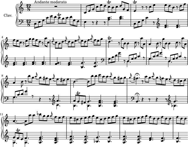 \version "2.18.2"
\header {
tagline = ##f
% composer = "Domenico Scarlatti"
% opus = "K. 199"
% meter = "Andante moderato"
}
%% les petites notes
trillCq = { \tag #'print { c8\trill } \tag #'midi { d32 c d c } }
trillE = { \tag #'print { e4\trill } \tag #'midi { f32 e f e~ e8 } }
trillGq = { \tag #'print { g8\trill } \tag #'midi { a32 g a g } }
trillDp = { \tag #'print { d4.\trill } \tag #'midi { e32 d e d~ d4 } }
trillFq = { \tag #'print { f8\trill } \tag #'midi { g32 f g f } }
upper = \relative c'' {
\clef treble
\key c \major
\time 12/8
\tempo 4. = 68
\set Staff.midiInstrument = #"harpsichord"
\override TupletBracket.bracket-visibility = ##f
s8*0^\markup{Andante moderato}
R1. | c,8 e g c e d \trillCq b c d g, f | \trillE r8 r8 c'8 e e d b r8 d f |
% ms. 4
f8 e c r8 e g g f d r8 a' c, | \appoggiatura d16 c8 b d \appoggiatura e16 d8 c e \appoggiatura f16 e8 d f \appoggiatura g16 f8 e g | \trillDp r8 \repeat unfold 2 { g8 b, b4 c8 r8 a'8 a, |
% ms. 7
a4 b8 r8 } b'8 g \appoggiatura a16 g8 fis e \appoggiatura fis16 e8 dis e | b4.~ b8 b' b c a a \appoggiatura a16 g8 fis g |
% ms. 10
\appoggiatura g16 fis4.\fermata r8 a8 g \appoggiatura a16 g8 f e \appoggiatura e16 d8 cis d | a4.~ a8 a' a bes g g \appoggiatura g16 f8 e f | e cis d e f g e cis d e f g |
% ms. 13
e8 cis d e f g \repeat unfold 3 { f d d } |
}
lower = \relative c' {
\clef bass
\key c \major
\time 12/8
\set Staff.midiInstrument = #"harpsichord"
\override TupletBracket.bracket-visibility = ##f
% ************************************** \appoggiatura \repeat unfold 2 { } \times 2/3 { }
c,8 e g c e d \trillCq b c d g, f | e4 r8 r4 r8 < a c >4. < b d > | c,8 e g c4 r8 \clef treble < d f >4. q |
% ms. 4
< e g >4. q < f a > q | <f g > < e g > < b g' > < c g' > | \clef bass g8 b d g4 r8 \repeat unfold 2 { << { d,8 g a c4 r8 | g8 c d g4 r8 } \\ { \mergeDifferentlyDottedOn d,4. s4. | g4. s4. } >> }
% ms. 8 fin
r4 r8 \clef treble << { a'4. | a8 \trillGq fis8 g4. } \\ { c,4. | b b } >> < b fis' a >4. < b e g > \clef bass
% ms. 10
\tempo 4. = 55 b,4.\fermata \tempo 4. = 68 r4 r8 r4 r8 \clef treble << { g''4. | g8 \trillFq e f4. } \\ { bes,4. | a a } >> < a e' g >4. < a d f > | < a e' a > q < bes g' > q |
% ms. 13
< a e' a >4. q < d f > < c f > | < b f' >
}
thePianoStaff = \new PianoStaff <<
\set PianoStaff.instrumentName = #"Clav."
\new Staff = "upper" \upper
\new Staff = "lower" \lower
>>
\score {
\keepWithTag #'print \thePianoStaff
\layout {
#(layout-set-staff-size 17)
\context {
\Score
\override SpacingSpanner.common-shortest-duration = #(ly:make-moment 1/2)
\remove "Metronome_mark_engraver"
}
}
}
\score {
\keepWithTag #'midi \thePianoStaff
\midi { }
}