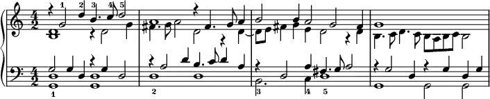 \version "2.14.2"
\header {
tagline = ##f
}
upper = \relative c' {
\clef treble
\key a \minor
\time 4/2
\tempo 2 = 50
\autoBeamOff
\set Staff.midiInstrument = #"harpsichord"
<< { r4 g'2^1 d'4^2 b4.^3 c8^4 d2^5 } \\ { << d,1 b1 >> r4 d2 g4 } >>
<< { a1 r4 fis4. g8 a4 } \\ { fis4. g8 a2 d, r4 d4~ } >>
<< { b'2 b4 a2 g fis4 } \\ { d8 e fis4 g e d2 r4 d4 } >>
<< { g1 } \\ { b,4. c8 d4. c8 b a b c b2 } >>
% << { a'4\rest g4~ g16 d e f g a b c } \\ { s4 << d,2 b >> } >>
% << { d'4. c8 b a b4 } \\ { s2 s4 g4 } \\ { << g1 d >> } >>
}
lower = \relative c {
\clef bass
\key a \minor
\time 4/2
\set Staff.midiInstrument = #"harpsichord"
<< { g'2 g4 d r4 g4 d2 } \\ { << d1 g,1_1 >> << d'1 g,1 >> } >>
<< { r4 a'2 d4 b4. c8 d4 a } \\ { d,1_2 d } >>
<< { r4 d2 a'4 fis4. g8 a2 } \\ { b,2._3 c4_4 d1_5 } >>
<< { r4 g2 d4 r4 g4 d g } \\ { g,1 g2 g } >>
% << { g'2 g4 d } \\ { << d1 g,1 >> } >>
% << { r4 g'4~ g16 d e f g a b c } \\ { << d,1 g,1 >> } >>
}
\score {
\new PianoStaff <<
\set PianoStaff.instrumentName = #""
\new Staff = "upper" \upper
\new Staff = "lower" \lower
>>
\layout {
\context {
\Score
\remove "Metronome_mark_engraver"
}
}
\midi { }
}