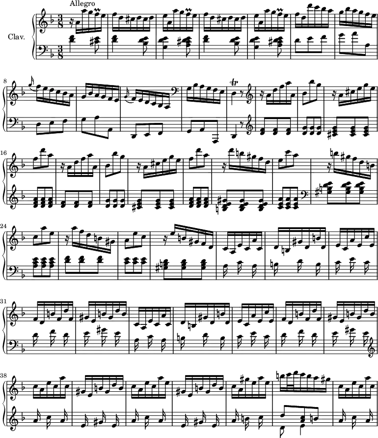 \version "2.18.2"
\header {
tagline = ##f
% composer = "Domenico Scarlatti"
% opus = "K. 138"
% meter = "Allegro"
}
%% les petites notes
trillFqq = { \tag #'print { f16\prall } \tag #'midi { \times 2/3 { f32 e f } } }
trillD = { \tag #'print { d4\trill } \tag #'midi { e32 d e d~ \tempo 4. = 30 d8 \tempo 4. = 64 } }
upper = \relative c'' {
\clef treble
\key d \minor
\time 3/8
\tempo 4. = 64
\set Staff.midiInstrument = #"harpsichord"
\override TupletBracket.bracket-visibility = ##f
s8*0^\markup{Allegro}
r16 a16 a' g \trillFqq e16 | \repeat unfold 2 { f d cis d cis d | e a, a' g \trillFqq e } |
% ms. 6
f d d' c bes a | g bes a g f e | \appoggiatura g16 f e d c bes a | g bes a g f e | \appoggiatura g16 f e d c bes a | \clef bass
% ms. 11
g16 bes a g f e | \trillD r8 \clef treble | \repeat unfold 2 { r16 a''16 d f a a, | bes8 bes' g | r16 a,16 cis e g e | f8 d' a } |
% ms. 21
r16 d16 b gis f d | e8 c' a |
% ms. 23
r16 b16 gis f d b | c8 a' e | r16 a16 f d b gis | a8 e' c | r16 e16 b gis f d | \repeat unfold 2 { c a e' c a' c, |
% ms. 29
d16 b gis' d b' d, | e c a' e c' e, | f d b' f d' f, | gis e b' gis d' b } |
% ms. 39
c16 a e' c a' c, | gis e b' gis d' b | c a e' c a' e |
% ms. 41
gis, e b' gis d' b | c a gis' e a e | b' c32 d c16 b a gis | c,16 a e' c a' c, |
}
lower = \relative c' {
\clef bass
\key d \minor
\time 3/8
\set Staff.midiInstrument = #"harpsichord"
\override TupletBracket.bracket-visibility = ##f
% ************************************** \appoggiatura a16 \repeat unfold 2 { } \times 2/3 { } \omit TupletNumber
< d f >4 < cis e >8 | \repeat unfold 2 { < d f >4 < bes d e >8 | < g d' e >4 < a cis d e >8 }
% ms. 6
d8 e f | g a a, | d, e f | g a a, | d, e f |
% ms. 11
g a a, | d4 r8 | \clef treble \repeat unfold 2 { < d'' f >8 q q | < d g > q q | < cis e g > q q | < d f a > q q } |
% ms. 21
< b d e gis >8 q q | < c e a > q q | \clef bass
% ms. 23
< gis b d e >8 q q | < a c e > q q | < d f > q q | < c e > q q | < gis b d > q q |
% ms. 28
\repeat unfold 2 { a16 s16 c16 s16 a16 s16 | b16 s16 d16 s16 b16 s16 | c16 s16 e16 s16 c16 s16 | d16 s16 f16 s16 d16 s16 | e16 s16 gis16 s16 e16 s16 } \clef treble
% ms. 38
\repeat unfold 2 { a16 s16 c16 s16 a16 s16 |
% ms. 41
e16 s16 gis16 s16 e16 s16 } | a16 s16 b16 s16 c16 s16 | << { d8 < a c > b } \\ { d,8 e4 } >> | a16 s16 c16 s16 a16 s16 |
}
thePianoStaff = \new PianoStaff <<
\set PianoStaff.instrumentName = #"Clav."
\new Staff = "upper" \upper
\new Staff = "lower" \lower
>>
\score {
\keepWithTag #'print \thePianoStaff
\layout {
#(layout-set-staff-size 17)
\context {
\Score
\override SpacingSpanner.common-shortest-duration = #(ly:make-moment 1/2)
\remove "Metronome_mark_engraver"
}
}
}
\score {
\keepWithTag #'midi \thePianoStaff
\midi { }
}