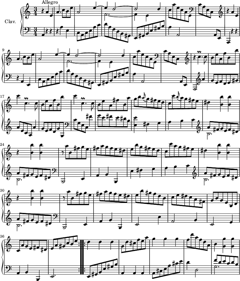 
\version "2.18.2"
\header {
  tagline = ##f
  % composer = "Domenico Scarlatti"
  % opus = "K. 451"
  % meter = "Allegro"
}

%% les petites notes
trillCpUpUp     = { \tag #'print { c''4.\prall } \tag #'midi { d32 c d c~ c4 } }
trillCpDown      = { \tag #'print { c,4.\prall } \tag #'midi { d32 c d c~ c4 } }

upper = \relative c'' {
  \clef treble 
  \key a \minor
  \time 3/4
  \tempo 4 = 126
  \set Staff.midiInstrument = #"harpsichord"
  \override TupletBracket.bracket-visibility = ##f

  \repeat volta 2 {
      s8*0^\markup{Allegro}
      \repeat unfold 2 { r4 a4 e | a4. c8 b e | a,2 << { e'4^~ | e4 d2~ | d d4 } 
      \\ { s4 | f,2.~ | f4 e } >> | c'8 a' e c a e |  \clef bass
      % ms. 14
      c8 a e c s4   \clef treble } r4 \trillCpUpUp c8 | \repeat unfold 2 { b8 e a, f' b, b' |
      % ms. 19
      c4 \trillCpDown c8 } | b8 e a, fis' b, a' | g b \appoggiatura a16 g8 fis e d | c c' \appoggiatura b16 a8 g fis e | dis4 < b b'  >4 q | r4 q q | 
      % ms. 25
      r8 a'8 b, fis' g e | fis a g fis e dis | e b' g fis e d | c c' a g fis e | dis4 < b b'  >4 q | r4 q q | 
      % ms. 31
      r8 a'8 b, fis' g e | fis a g fis e dis | e b' gis f d b | c e dis c a fis | g b g e b d | c a' g e fis dis |
      % ms. 37
      e8 a gis c b e }%repet
      % ms. 38
      \bar ":..:"
      d4 d d |g,8 d' cis f e a | g4 g g | f8 d' a f d a | b4 < g g' > q |

} 

lower = \relative c' {
  \clef bass
  \key a \minor
  \time 3/4
  \set Staff.midiInstrument = #"harpsichord"
  \override TupletBracket.bracket-visibility = ##f

  \repeat volta 2 {
    % ************************************** \appoggiatura a16  \repeat unfold 2 {  } \times 2/3 { }   \omit TupletNumber 
      a,4 r4 r4 | r4 a'4 e | c8 a c e a c | d a f d b gis | e gis b e gis b | a4 a,2 |
      % ms. 7
      s2 a8 e | a,4 r4 r4 | r4 a'4 e | c'8 a c e a c | d a f d b gis | e gis b e gis b |
      % ms. 13
      a4 a,2 | s2 a8 e | a,2   \clef treble a'''4  | g8 e f d e gis | a e c a a'4 | g8 e f d g g,   \clef bass |
      % ms. 19
      c8 g e c fis'4 | g8 e fis e dis b | < e, e' >4 fis g | a b c | \clef treble \repeat unfold 2 { << { a'8 fis g e fis dis } \\ { b2. } >> }  \clef bass |
      % ms. 25
      b,,2 e4 | a b b, | e' fis g a b c | \clef treble \repeat unfold 2 { << { a'8 fis g e fis dis } \\ { b2. } >> }  \clef bass |
      % ms. 31
      b,,2 e4 | a b b, | e2 e'4 | a,2 b4 | e,2 g4 | a b b, |
      % ms. 37
      e2. }%repet
      % ms. 38
      e8 gis b e gis b | a,4 a a | a8 cis e a cis e | d4 d,2 | << { f'8 d e c d b } \\ { g2. } >>

}

thePianoStaff = \new PianoStaff <<
    \set PianoStaff.instrumentName = #"Clav."
    \new Staff = "upper" \upper
    \new Staff = "lower" \lower
  >>

\score {
  \keepWithTag #'print \thePianoStaff
  \layout {
      #(layout-set-staff-size 17)
    \context {
      \Score
     \override SpacingSpanner.common-shortest-duration = #(ly:make-moment 1/2)
      \remove "Metronome_mark_engraver"
    }
  }
}

\score {
  \unfoldRepeats 
  \keepWithTag #'midi \thePianoStaff
  \midi { }
}
