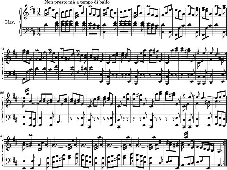 
\version "2.18.2"
\header {
  tagline = ##f
}

%% les petites notes
trillGq = { \tag #'print { g8\prall[ } \tag #'midi { a32 g a g } }
trillGqs = { \tag #'print { g8\prall } \tag #'midi { a32 g a g } } % sans liaison

trillFisq = { \tag #'print { fis8\prall } \tag #'midi { g32 fis g fis } }
trillAq = { \tag #'print { a8\prall } \tag #'midi { b32 a b a } }
trillDq = { \tag #'print { d8\prall[ } \tag #'midi { e32 d e d } }

upper = \relative c'' {
  \clef treble 
  \key d \major
  \time 3/8
  \tempo 4. = 76
  \set Staff.midiInstrument = #"harpsichord"

  \repeat volta 2 {
     s8*0^\markup{Non presto mà a tempo di ballo} \repeat unfold 2 { d16[ fis] d8 a | b cis d | a16 a' a,4 | \trillGqs fis8 e } |
     % ms. 9
     fis8 a d | d cis g | \trillGq fis8] < d' fis >8 | q < cis e > g8 | \trillGq fis8] < fis' a > | q < e g > g, |
     % ms. 15
     | \trillGq fis8] fis' | \trillFisq e8 a, | \trillAq gis8 d' | \trillDq cis8] < a cis > | q[ < gis b >] e | cis cis'[ < cis e >8] |
     % ms. 21
     q < b d >8[ e,] | cis e'[ < cis a' >] | q[ < b gis' >] e, | cis a''[ < a cis >8] | q[ < gis b >] e,8 | << { r4 e'8~ | e d4~ d16[ a'] } \\ { cis,,8 e4 | fis gis8 a8 } >> a4~
     % ms. 29
     a8 < a cis > < gis b > | a e < a cis >8 | q < gis b > e8 | cis cis'[ < cis e >8] |
     % ms. 36
     q < b d >8[ e,] | cis e'[ < cis a' >] | q[ < b gis' >] e, | cis a''[ < a cis >8] | q[ < gis b >] e,8 | << { r4 e'8~ | e d4~ d8 e fis } \\ { cis,8 e4 | fis gis8 | a4.~ } >> | < a cis >8 < gis b >4\prall | a16 cis a4~ | 
     % ms. 43
     a4.~ | a16 e' \repeat unfold 3 { a,4~ | a4.~ | a16[ a'] } a,8 < cis e >  | 
     % ms. 51
     < b d >8 < a cis > < gis b > << { cis16[ a'] } \\ { a,8 } >> a8 e | fis8 e16 d cis b |  \tempo 4. = 45 a4.   \tempo 4. = 76 }%reprise


}

lower = \relative c' {
  \clef bass
  \key d \major
  \time 3/8
  \set Staff.midiInstrument = #"harpsichord"

  \repeat volta 2 {
    % **************************************
     d4 \repeat unfold 2 { < d fis >8 | < d g > q q | < d fis >4 q8 | < a e' >8 < a d > < a cis > | < d, d' >4 } \repeat unfold 3 { d8 |
     % ms. 10–15
     a8 a' cis | d4 } d8 | cis4 fis8 | b,4 e8 | a,4 dis8 | e4 \repeat unfold 3 { < e,, e' >8 | < cis cis' > r8 r8 | r8 r8 } < e e' >8 | < cis cis' >4 < cis cis' >8 | < d d' >4 < e e' >8 | < fis fis' >8 < e e' > < d d' > | 
     % ms. 29
     < e e' >4 < e e' >8 | a4. | r8 r8 \repeat unfold 3 { < e e' >8 | < cis cis' > r8 r8 | r8 r8 }  < e e' >8 | < cis cis' >4 < cis cis' >8 | < d d' >4 < e e' >8 | < fis fis' >8 < e e' > < d d' > | < e e' >4 q8 | a4 \repeat unfold 2 { < cis a' >8 | 
     % ms. 43
     < d b' >8 < e cis' > < gis d' > | < a cis >4 < a e' >8 | < fis d' > < e cis' > < d b' > | < cis a' >4 } cis8 |
     % ms. 51
     d8 e e, | a b cis | d e e, | a4. }%reprise

}

thePianoStaff = \new PianoStaff <<
    \set PianoStaff.instrumentName = #"Clav."
    \new Staff = "upper" \upper
    \new Staff = "lower" \lower
  >>

\score {
  \keepWithTag #'print \thePianoStaff
  \layout {
      #(layout-set-staff-size 17)
    \context {
      \Score
     \override SpacingSpanner.common-shortest-duration = #(ly:make-moment 1/2)
      \remove "Metronome_mark_engraver"
    }
  }
}

\score {
  \unfoldRepeats 
  \keepWithTag #'midi \thePianoStaff
  \midi { }
}
