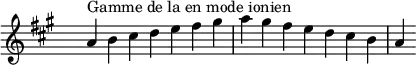 \relative c'' {
\key a \ionian
\clef treble \time 7/4 \hide Staff.TimeSignature a4^\markup { Gamme de la en mode ionien } b cis d e fis gis a gis fis e d cis b a
}