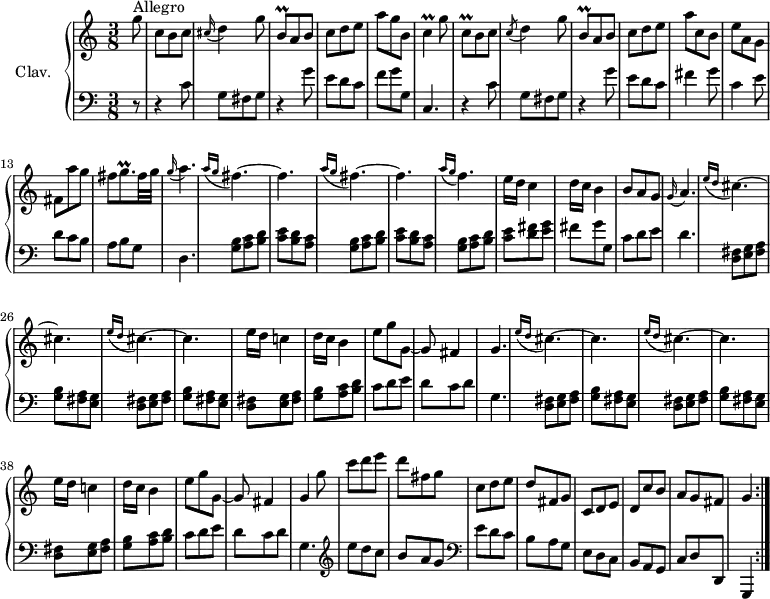 
\version "2.18.2"
\header {
  tagline = ##f
  % composer = "Domenico Scarlatti"
  % opus = "K. 407"
  % meter = "Allegro"
}

%% les petites notes
trillBqDown     = { \tag #'print { b,8\prall } \tag #'midi { c32 b c b } }
trillC          = { \tag #'print { c4\prall } \tag #'midi { d32 c d c~   \tempo 4. = 50 c8   \tempo 4. = 72 } }
trillCqDown     = { \tag #'print { c,8\prall } \tag #'midi { d32 c d c } }
trillGqp        = { \tag #'print { g8.\prall } \tag #'midi { a32 g a g~ g16 } }

upper = \relative c'' {
  \clef treble 
  \key c \major
  \time 3/8
  \tempo 4. = 72

 \repeat volta 2 {
      s8*0^\markup{Allegro}
      \partial 8 g'8 | c, b c | \appoggiatura cis16 d4 g8 |
      \trillBqDown a8 b | c d e | a g b, | \trillC g'8 | \trillCqDown b8 c |
      % ms. 8
      \acciaccatura c8 d4 g8 | 
      \trillBqDown a8 b | c d e | a c, b | e a, g | fis a' g | fis \trillGqp fis32 g | \appoggiatura g16   \tempo 4. = 50 a4.   \tempo 4. = 72
      % ms. 16
      \repeat unfold 2 { \grace {   \tempo 4. = 50 a16( g }   \tempo 4. = 72 fis4.~) | fis  } \grace {   \tempo 4. = 50 a16( g }   \tempo 4. = 72 f4.) | e16 d c4 | d16 c b4 | b8 a g |
      % ms. 24
      \appoggiatura g16   \tempo 4. = 50 a4.   \tempo 4. = 72 | \repeat unfold 2 { \grace { \tempo 4. = 50 e'16( d } \tempo 4. = 72 cis4.~) | cis } | e16 d c!4 | d16 c b4 | e8 g g,~ | g fis4 |
      % ms. 33
      g4. | \repeat unfold 2 { \grace {   \tempo 4. = 50 e'16( d }   \tempo 4. = 72 cis4.~) | cis } | e16 d c!4 | d16 c b4 | e8 g g,~ | g fis4 |
      % ms. 42
      g4 g'8 | c8 d e | d fis, g | c, d e | d fis, g | c, d e | d c' b | a   \tempo 4. = 60 g fis |   \tempo 4. = 35 g4   \tempo 4. = 72 }%repet

}

lower = \relative c' {
  \clef bass
  \key c \major
  \time 3/8

 \repeat volta 2 {
    % ************************************** 
      r8 | r4 c8 | g fis g | r4 g'8 | e d c | f g g, | c,4. | r4 c'8 |
      % ms. 8
      g8 fis g | r4 g'8 | e d c | fis4 g8 | c,4 e8 | d c b | a b g | d4. |
      % ms. 16
      \repeat unfold 2 { < g b >8 < a c > < b d > | < c e > < b d > < a c > } |
      < g b >8 < a c > < b d > | < e c >8 < d fis > < e g > | fis g g, | c d e | 
      % ms. 24
      d4. | \repeat unfold 2 { \repeat unfold 2 { < d, fis >8 < e g > < fis a > | < g b > < fis a > < e g > } |
      < d fis >8 < e g > < fis a > |  < g b > < a c > < b d > | c d e | d c d |
      % ms. 42
      g,4. }   \clef treble  | e''8 d c | b a g |   \clef bass e d c | b a g | e d c | b a g | c d d, | g,4 }%repet

}

thePianoStaff = \new PianoStaff <<
    \set PianoStaff.instrumentName = #"Clav."
    \new Staff = "upper" \upper
    \new Staff = "lower" \lower
  >>

\score {
  \keepWithTag #'print \thePianoStaff
  \layout {
      #(layout-set-staff-size 17)
    \context {
      \Score
     \override TupletBracket.bracket-visibility = ##f
     \override SpacingSpanner.common-shortest-duration = #(ly:make-moment 1/2)
      \remove "Metronome_mark_engraver"
    }
  }
}

\score {
  \unfoldRepeats 
  \keepWithTag #'midi \thePianoStaff
  \midi { \set Staff.midiInstrument = #"harpsichord" }
}
