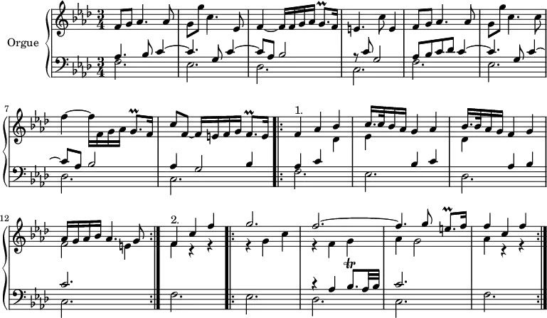 \version "2.18.2"
\header {
tagline = ##f
% composer = "Johann Pachelbel"
% opus = "Chaconne en fa mineur"
% meter = ""
}
%% les petites notes
trillGq = { \tag #'print { g8.\prall } \tag #'midi { aes32 g aes g aes g } }
trillEqp = { \tag #'print { e8.\prall } \tag #'midi { f32 e f e f e } }
trillBesqp = { \tag #'print { bes8.\trill } \tag #'midi { c32 bes c bes c bes } }
upper = \relative c'' {
\clef treble
\key f \minor
\time 3/4
\tempo 4 = 72
%s8*0^\markup{Allegro}
f,8 g aes4. aes8 | g g' c,4. ees,8 | f4~ f16 f g aes \trillGq f16 | e4. c'8 e,4 |
% ms. 5
f8 g aes4. aes8 | g g' c,4. c8 | f4~ f16 f, g aes \trillGq f16 | c'8 f,~ f16 e f g f8.\prall e16 |
% ms. 9
s8*0^\markup{1.}
<< { f4 aes bes | c16. c32 bes16 aes g4 aes | bes16. bes32 aes16 g f4 g | aes16 g aes bes aes4. g8 }
\\ { s2 des4 | ees s2 | des4 s2 | f2 e4 } >>
% ms. 13
s8*0^\markup{2.}
<< { f4 c' f |\bar ".|:" g2. | f~ | f4. g8 \trillEqp f16 f4 c f }
\\ { f,4 r4 r4 | r4 g4 c | r4 f,4 g | aes g2 | aes4 r4 r4 } >>
}
lower = \relative c' {
\clef bass
\key f \minor
\time 3/4
% ************************************** \appoggiatura a16 \repeat unfold 2 { } \times 2/3 { } \omit TupletNumber
<< { aes4. bes8 c4~ | c4. g8 c4~ | c8 aes bes2 | r8 c8 g2 }
\\ { f2. ees des c } >>
% ms. 5
<< { aes'8 bes c des c4~ | c4. g8 c4~ | c8 aes bes2 | aes4 g2 }
\\ { f2. ees des c }
\\ { s2.*3 s2 bes'4 } >>
% ms. 9
\repeat volta 2 { << { aes4 c s2 bes4 c | s4 aes4 bes | c2. }
\\ { f,2. ees des c } >> }%repet
% ms. 13
<< { s2.*2 | r4 aes'4 \trillBesqp aes32 bes c2. }
\\ { f,2. ees des c f } >> \bar ":|."
}
thePianoStaff = \new PianoStaff <<
\set PianoStaff.instrumentName = #"Orgue"
\new Staff = "upper" \upper
\new Staff = "lower" \lower
>>
\score {
\keepWithTag #'print \thePianoStaff
\layout {
#(layout-set-staff-size 17)
\context {
\Score
\override TupletBracket.bracket-visibility = ##f
\override SpacingSpanner.common-shortest-duration = #(ly:make-moment 1/2)
\remove "Metronome_mark_engraver"
}
}
}
\score {
\keepWithTag #'midi \thePianoStaff
\midi { \set Staff.midiInstrument = #"church organ" }
}