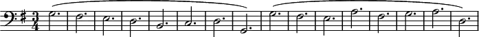 
\version "2.14.2"
\header {
  tagline = ##f
}

\score {
  \new Staff \with {

  }
<<
  \relative c' {
    \key g \major
    \clef bass
    \time 3/4
    \tempo 4 = 120
    \override TupletBracket #'bracket-visibility = ##f 
    \autoBeamOff
    \set Staff.midiInstrument = #"harpsichord"

     %%%%%%%%%%%%%%%%%%%%%%%%%% Ruggiero Goldberg
     g2.( fis e d b c d g,)
     g'( fis e a fis g a d,)

  }
>>
  \layout {
    \context { \Score \remove "Metronome_mark_engraver" }
    \context {
      \remove "Metronome_mark_engraver"
    }
  }
  \midi {}
}

