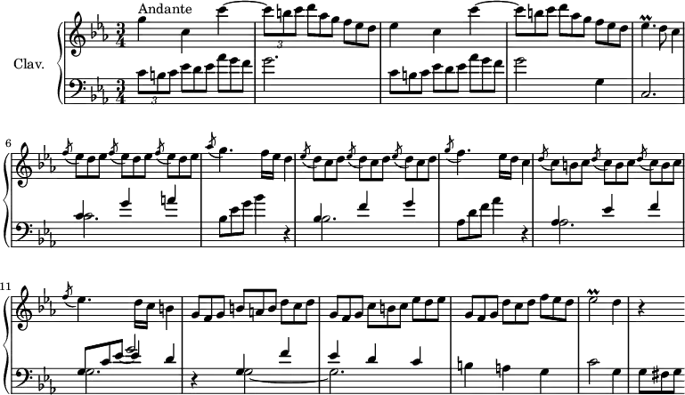 
\version "2.18.2"
\header {
  tagline = ##f
  % composer = "Domenico Scarlatti"
  % opus = "K. 302"
  % meter = "Andante"
}

%% les petites notes
trillEesp     = { \tag #'print { ees4.\prall } \tag #'midi { f32 ees f ees~ ees4 } }
trillEesb     = { \tag #'print { ees2\prall } \tag #'midi { f32 ees f ees~ ees8~ ees4 } }

upper = \relative c'' {
  \clef treble 
  \key c \minor
  \time 3/4
  \tempo 4 = 90
  \set Staff.midiInstrument = #"harpsichord"
  \override TupletBracket.bracket-visibility = ##f

      s8*0^\markup{Andante}
      g'4 c,  c'4~ | \times 2/3 { c8 b c } \omit TupletNumber \times 2/3 { d8[ aes g] } \times 2/3 { f8 ees d } | ees4 c c'4~ |
      % ms. 4
      \times 2/3 { c8 b c } \times 2/3 { d8[ aes g] } \times 2/3 { f8 ees d] } | \trillEesp d8 c4 | \repeat unfold 3 { \acciaccatura f8 \times 2/3 { ees8[ d es] } } \acciaccatura aes8 g4. f16 ees  d4 |
      % ms. 8
      \repeat unfold 3 { \acciaccatura ees8 \times 2/3 { d8[ c d] } } \acciaccatura g8 f4. ees16 d c4 | \repeat unfold 3 { \acciaccatura d8 \times 2/3 { c8[ b c] } } |
      % ms. 11
      \acciaccatura f8 ees4. d16 c b4 | \times 2/3 { g8 f g } \times 2/3 { b8[ a b] } \times 2/3 { d8 c d } |  \times 2/3 { g,8 f g } \times 2/3 { c8[ b c] } \times 2/3 { ees8 d ees } |
      % ms. 14
      \times 2/3 { g,8 f g } \times 2/3 { d'8[ c d] } \times 2/3 { f8 ees d } | \trillEesb d4 | r4

}

lower = \relative c' {
  \clef bass
  \key c \minor
  \time 3/4
  \set Staff.midiInstrument = #"harpsichord"
  \override TupletBracket.bracket-visibility = ##f

    % ************************************** \appoggiatura a16  \repeat unfold 2 {  } \times 2/3 { }   \omit TupletNumber 
      \times 2/3 { c8 b c } \omit TupletNumber \times 2/3 { ees8[ d ees] } \times 2/3 { aes8 g f } | g2. | \times 2/3 { c,8 b c } \omit TupletNumber \times 2/3 { ees8[ d ees] } \times 2/3 { aes8 g f } |
      % ms. 4
      g2 g,4 | c,2. | << { c'4 g' a } \\ { c,2. } >> \times 2/3 { bes8 ees g } bes4 r4 | 
      % ms. 8
      << { bes,4 f' g } \\ { bes,2. } >> \times 2/3 { aes8 d f } aes4 r4 | << { aes,4 ees' f } \\ { aes,2. } >>
      % ms. 11
      << { \omit TupletNumber \times 2/3 { g8 c ees_~ } \shiftOn ees4 d } \\ { s4 \stemUp g2 } \\ { \stemDown g,2. } >> r4 | << { g4 f' | ees d c } \\ { g2~ g2. } >>
      % ms. 14
      b4 a g | c2 g4 | \times 2/3 { g8 fis g }

}

thePianoStaff = \new PianoStaff <<
    \set PianoStaff.instrumentName = #"Clav."
    \new Staff = "upper" \upper
    \new Staff = "lower" \lower
  >>

\score {
  \keepWithTag #'print \thePianoStaff
  \layout {
      #(layout-set-staff-size 17)
    \context {
      \Score
     \override SpacingSpanner.common-shortest-duration = #(ly:make-moment 1/2)
      \remove "Metronome_mark_engraver"
    }
  }
}

\score {
  \keepWithTag #'midi \thePianoStaff
  \midi { }
}
